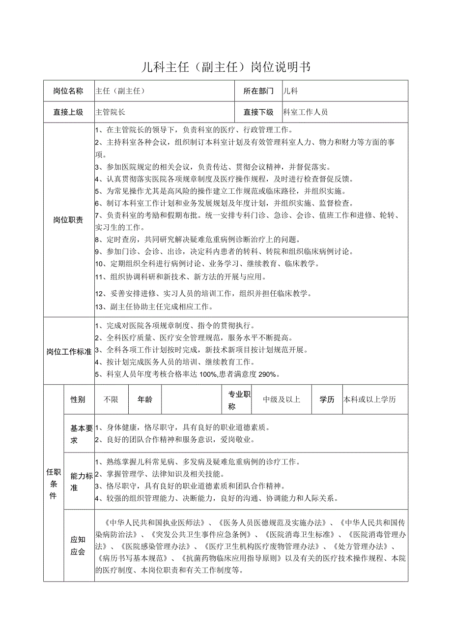 儿科主任（副主任）岗位说明书.docx_第1页