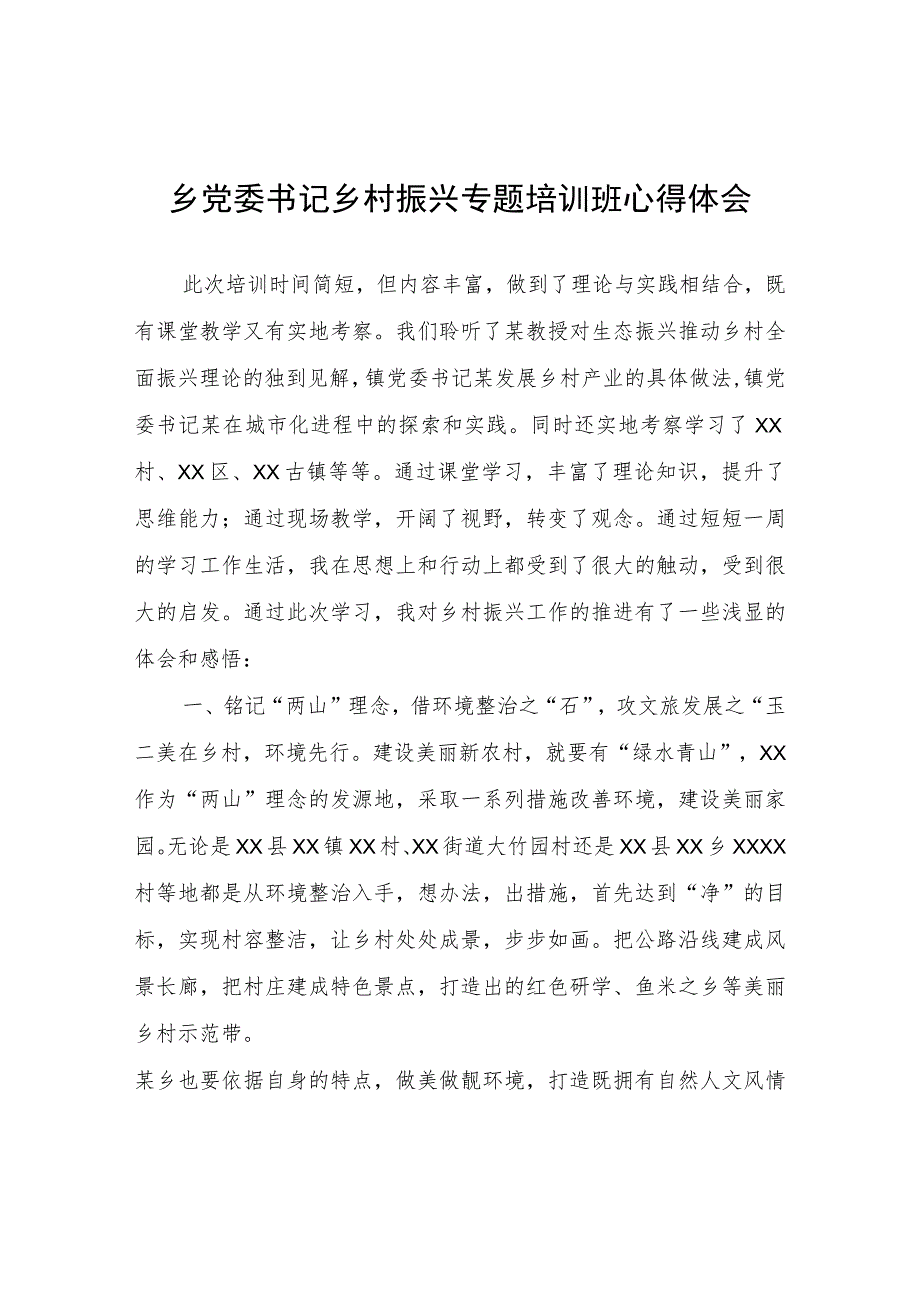 乡党委书记乡村振兴专题培训班心得体会.docx_第1页