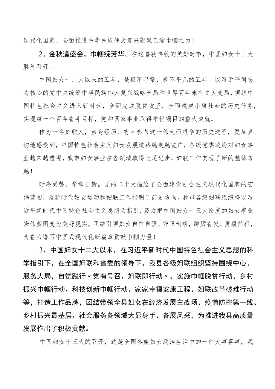 共8篇第十三次中国妇女代表大会研讨交流发言提纲、心得体会.docx_第3页