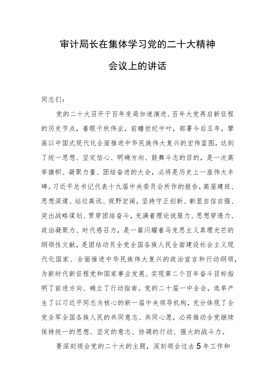 审计局长在集体学习党的二十大精神会议上的讲话.docx_第1页