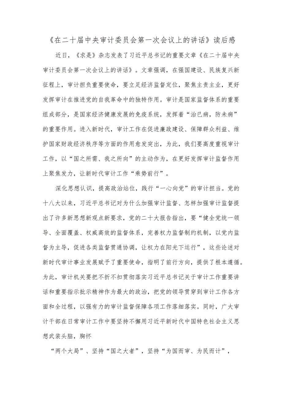 《在二十届中央审计委员会第一次会议上的讲话》读后感.docx_第1页