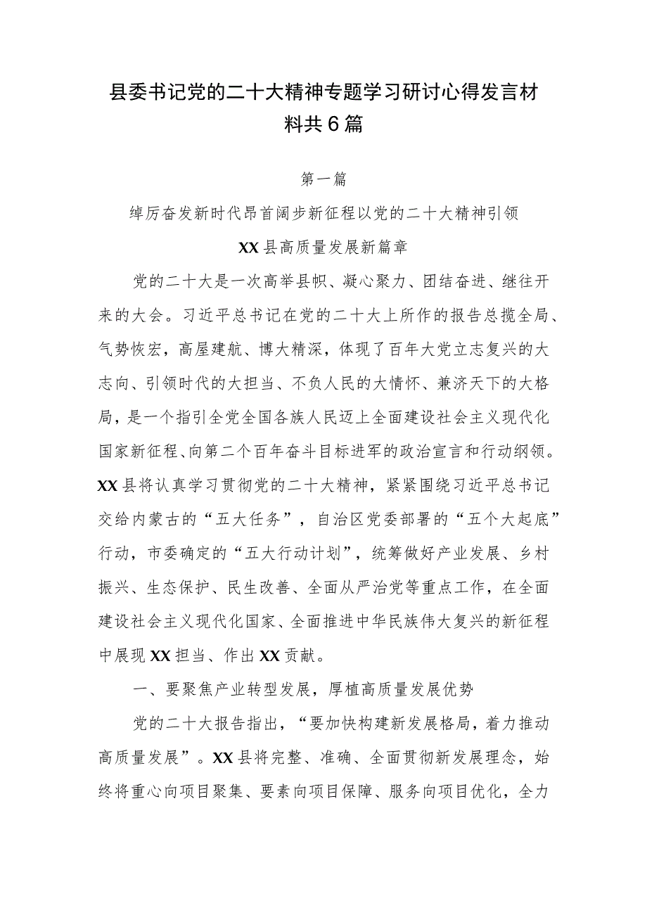 县委书记党的二十大精神专题学习研讨心得发言材料共6篇.docx_第1页