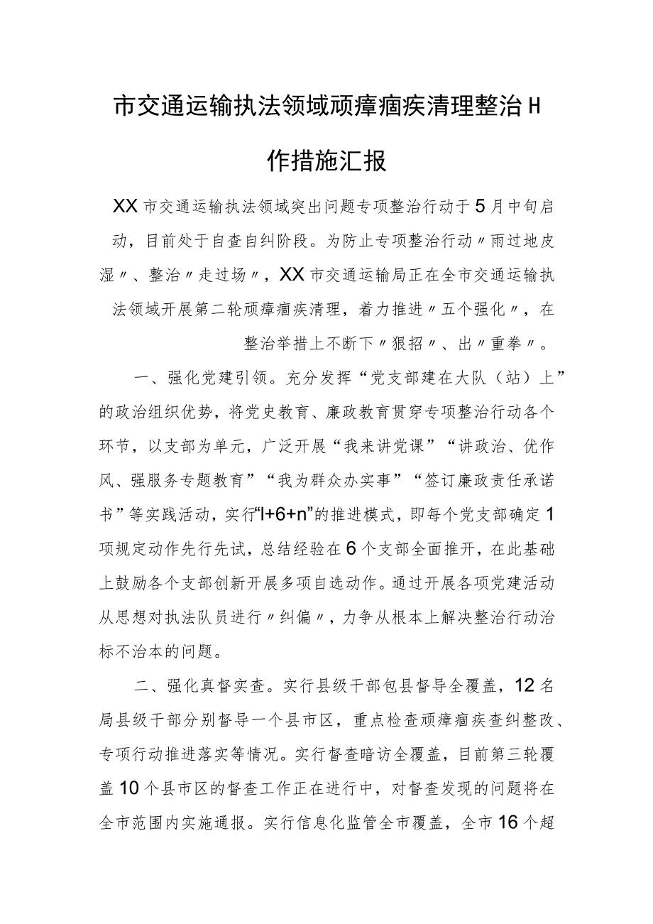 市交通运输执法领域顽瘴痼疾清理整治工作措施汇报.docx_第1页