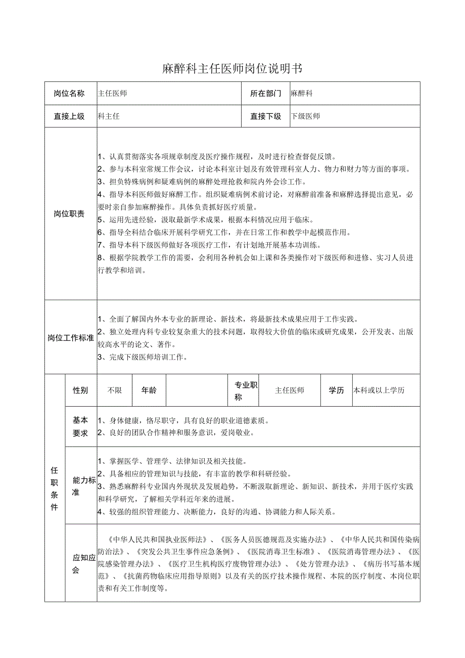 麻醉科主任医师岗位说明书.docx_第1页