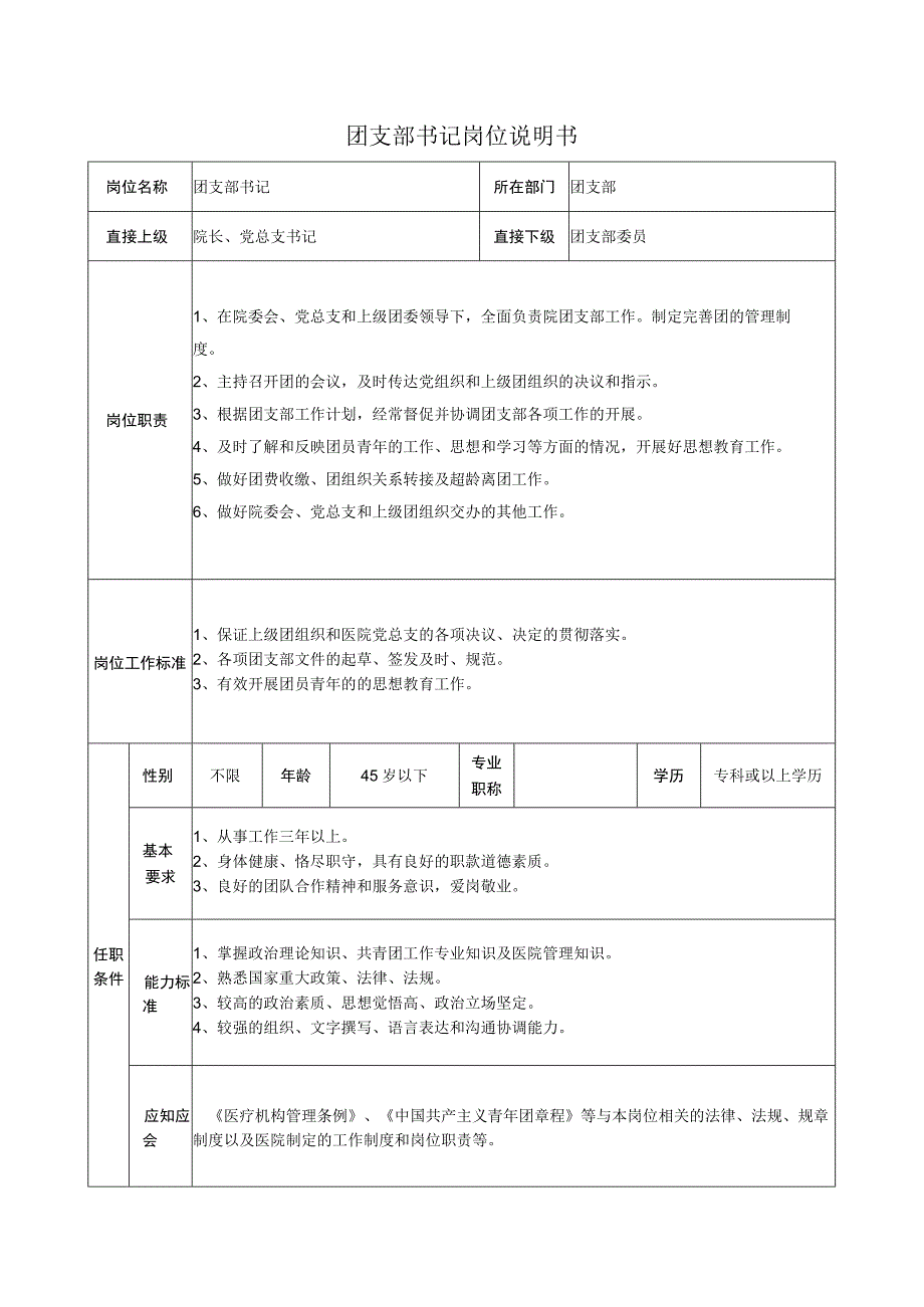 团支部书记岗位说明书.docx_第1页