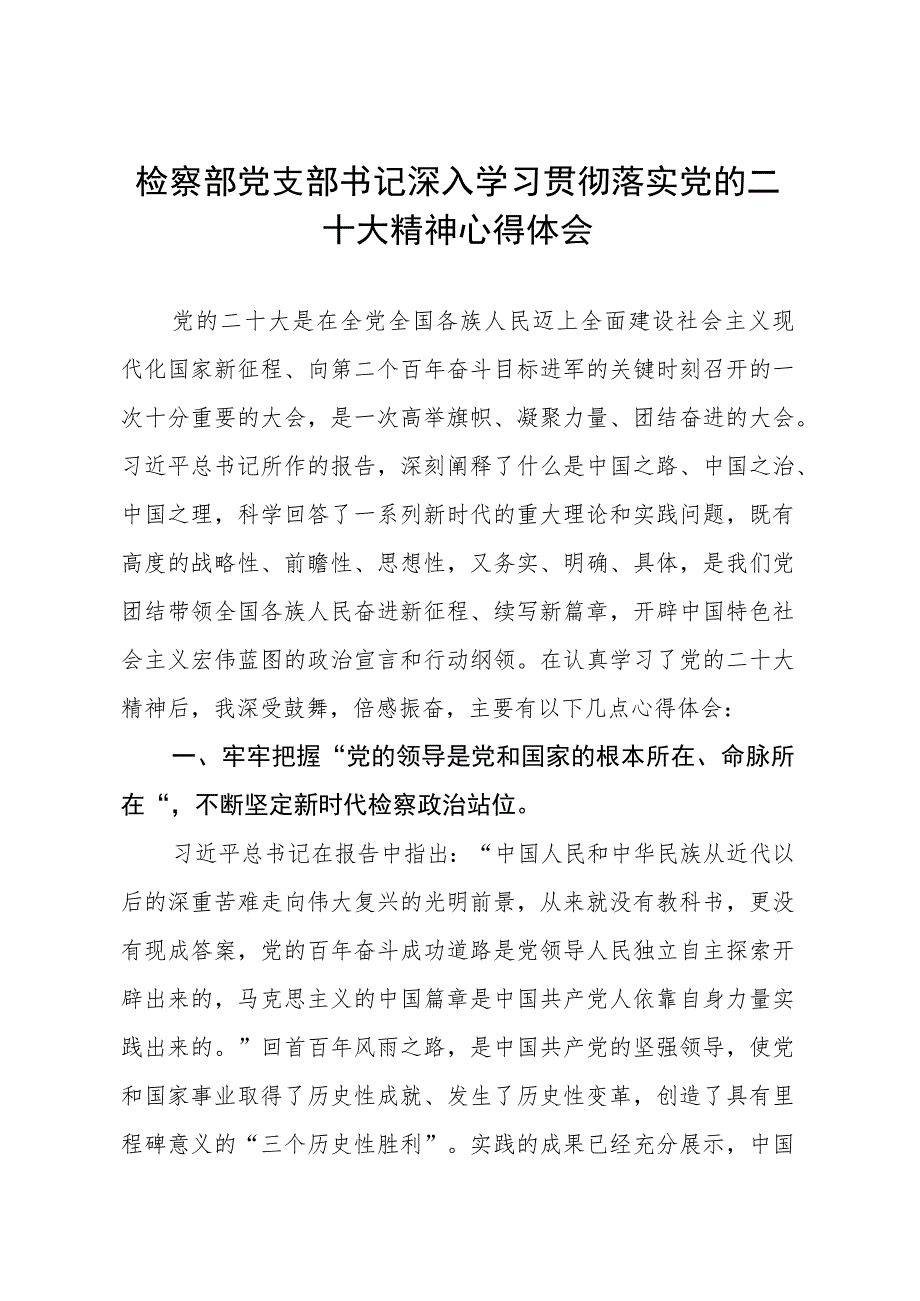 检察部党支部书记深入学习贯彻落实党的二十大精神心得体会四篇.docx_第1页