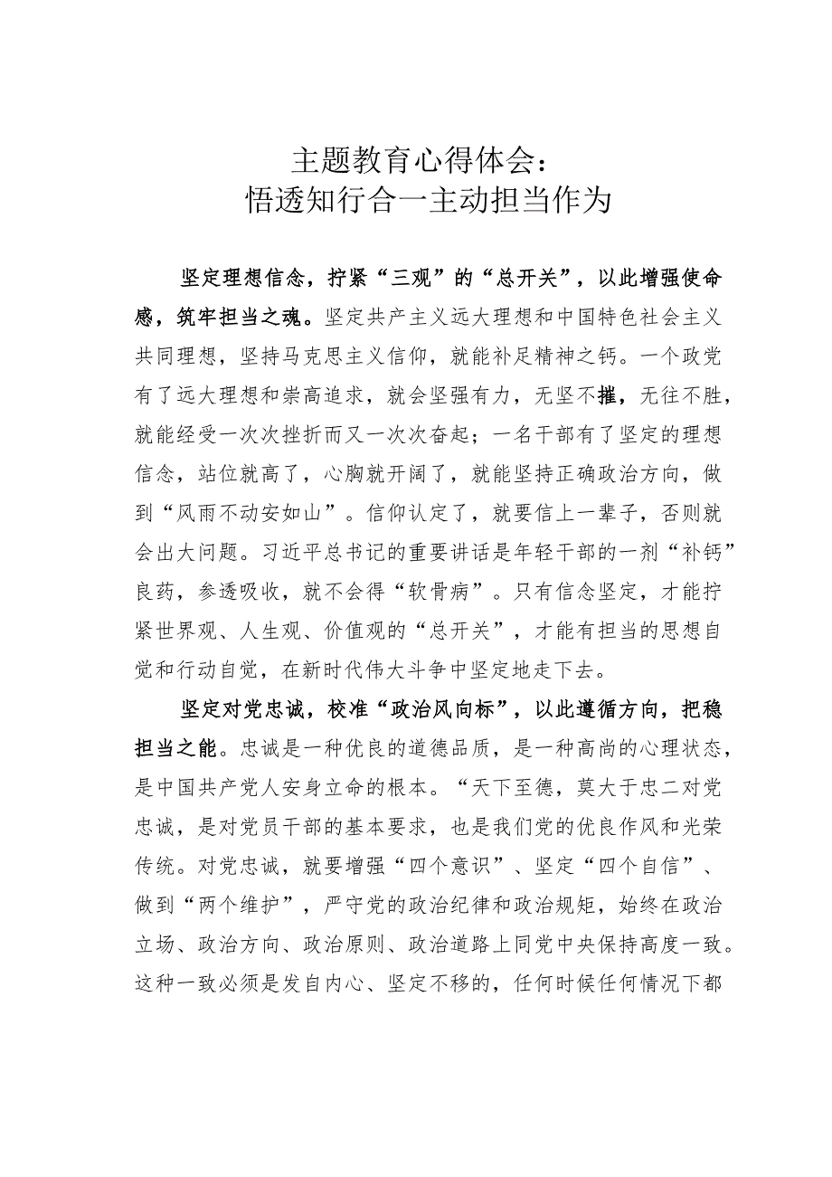 主题教育心得体会：悟透知行合一主动担当作为.docx_第1页