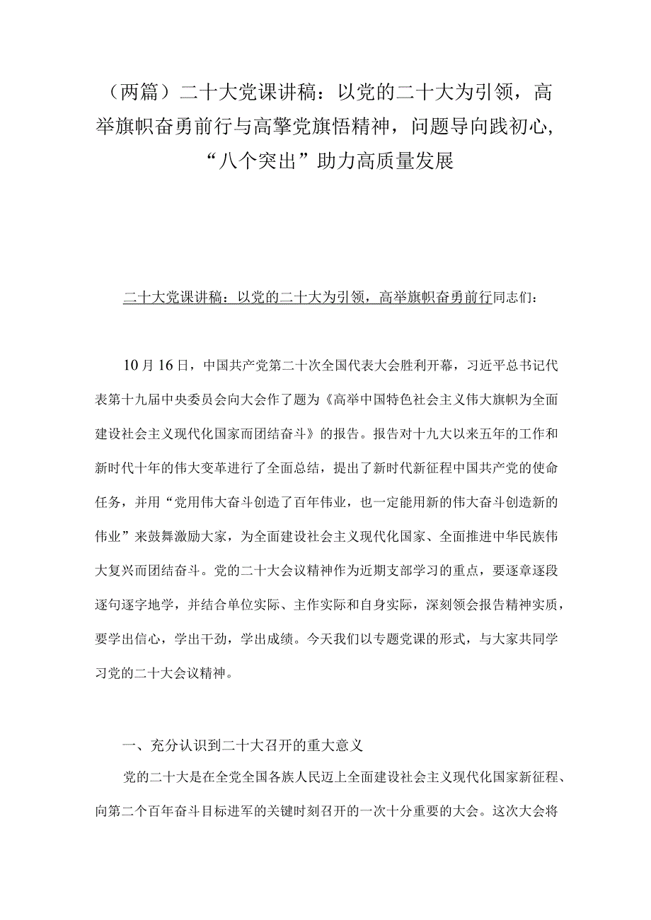 （两篇）二十大党课讲稿：以党的二十大为引领高举旗帜奋勇前行与高擎党旗悟精神问题导向践初心“八个突出”助力高质量发展.docx_第1页