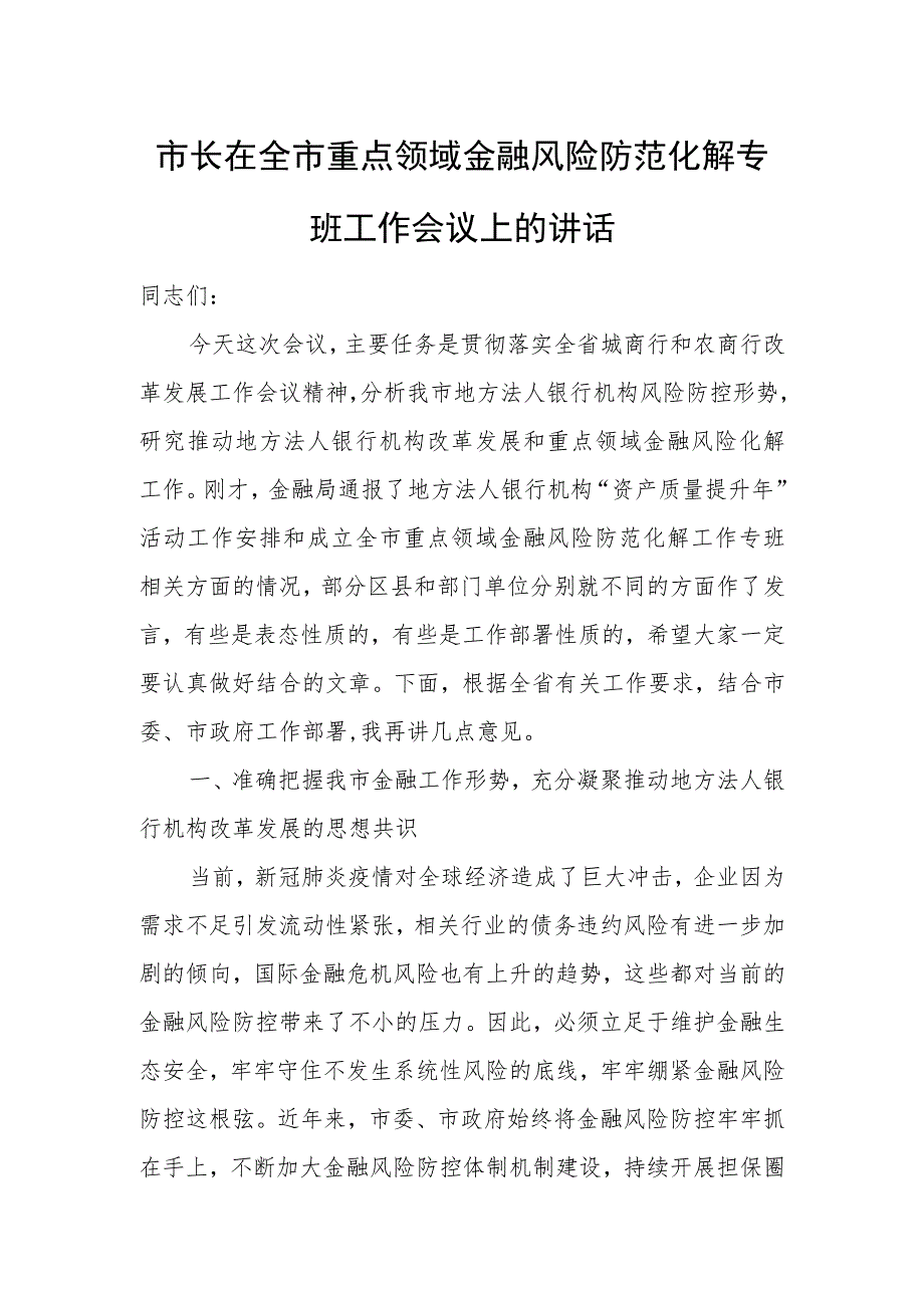 市长在全市重点领域金融风险防范化解专班工作会议上的讲话.docx_第1页