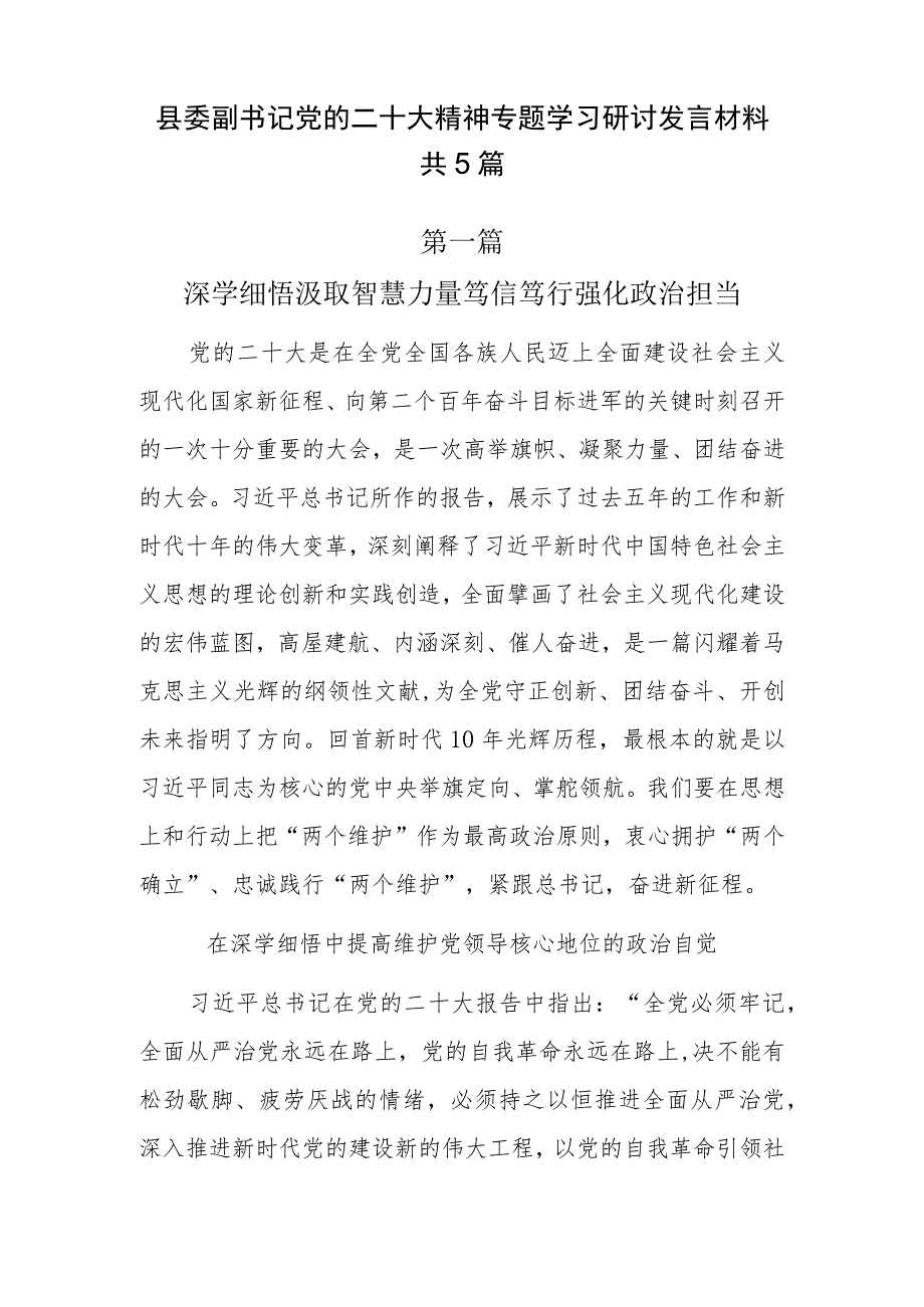 县委副书记党的二十大精神专题学习研讨发言材料5篇.docx_第1页