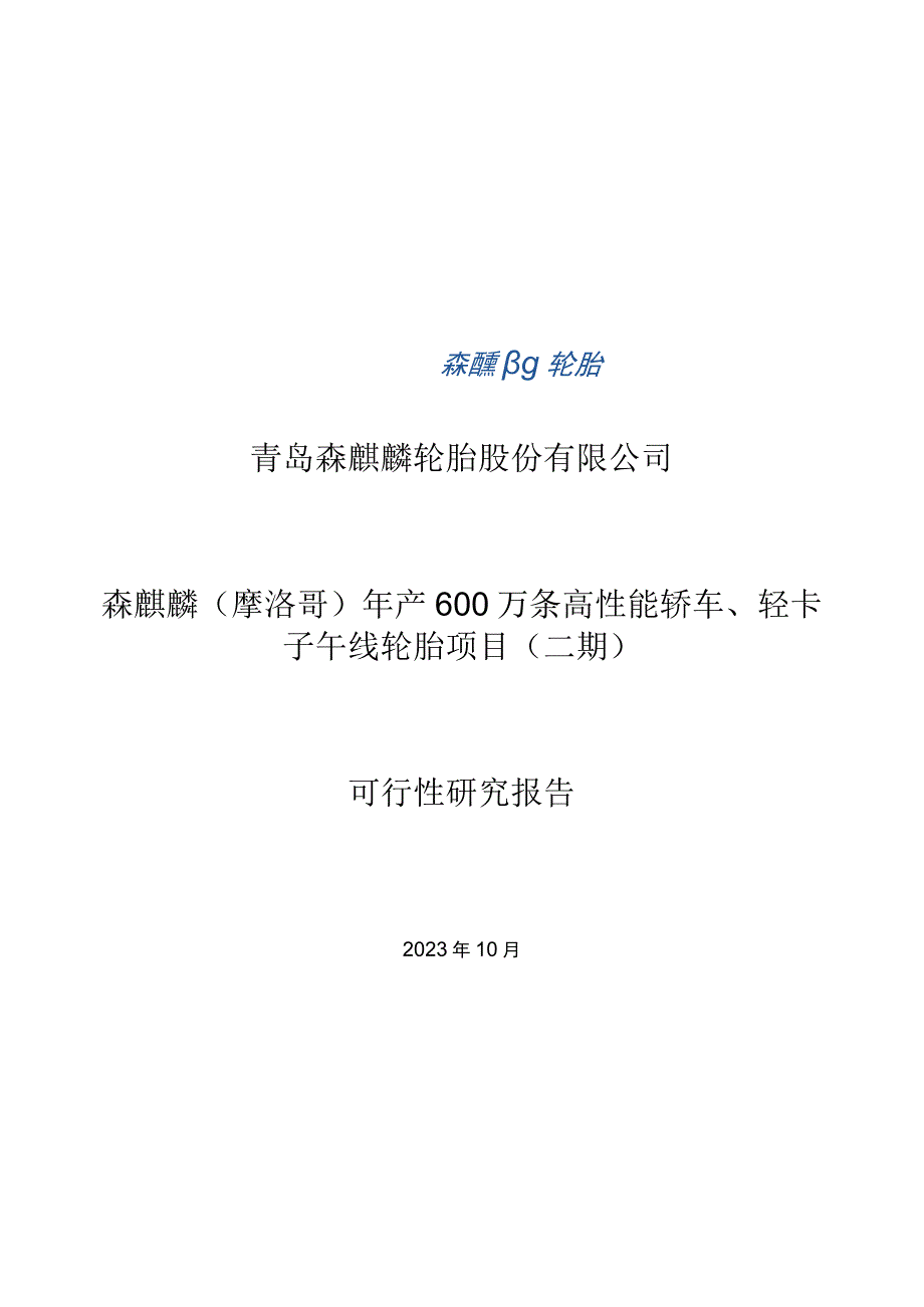 森麒麟：森麒麟（摩洛哥）年产600万条高性能轿车、轻卡子午线轮胎项目（二期）可行性研究报告.docx_第1页