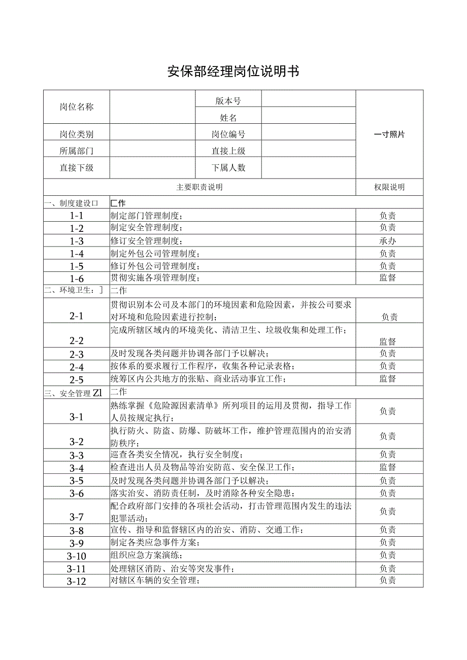 安保部经理岗位说明书.docx_第1页