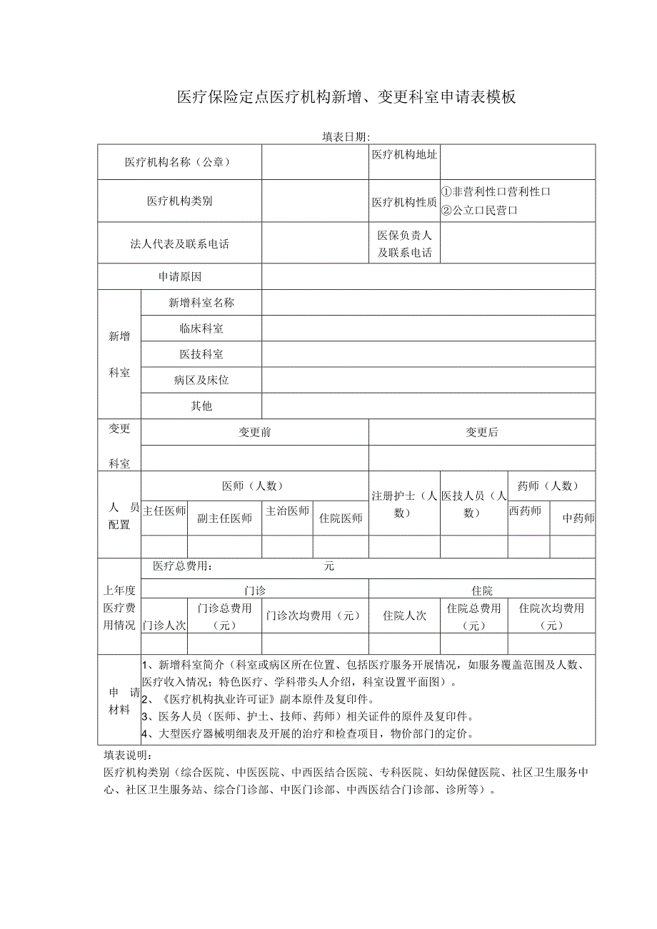 医疗保险定点医疗机构新增、变更科室申请表模板.docx_第1页