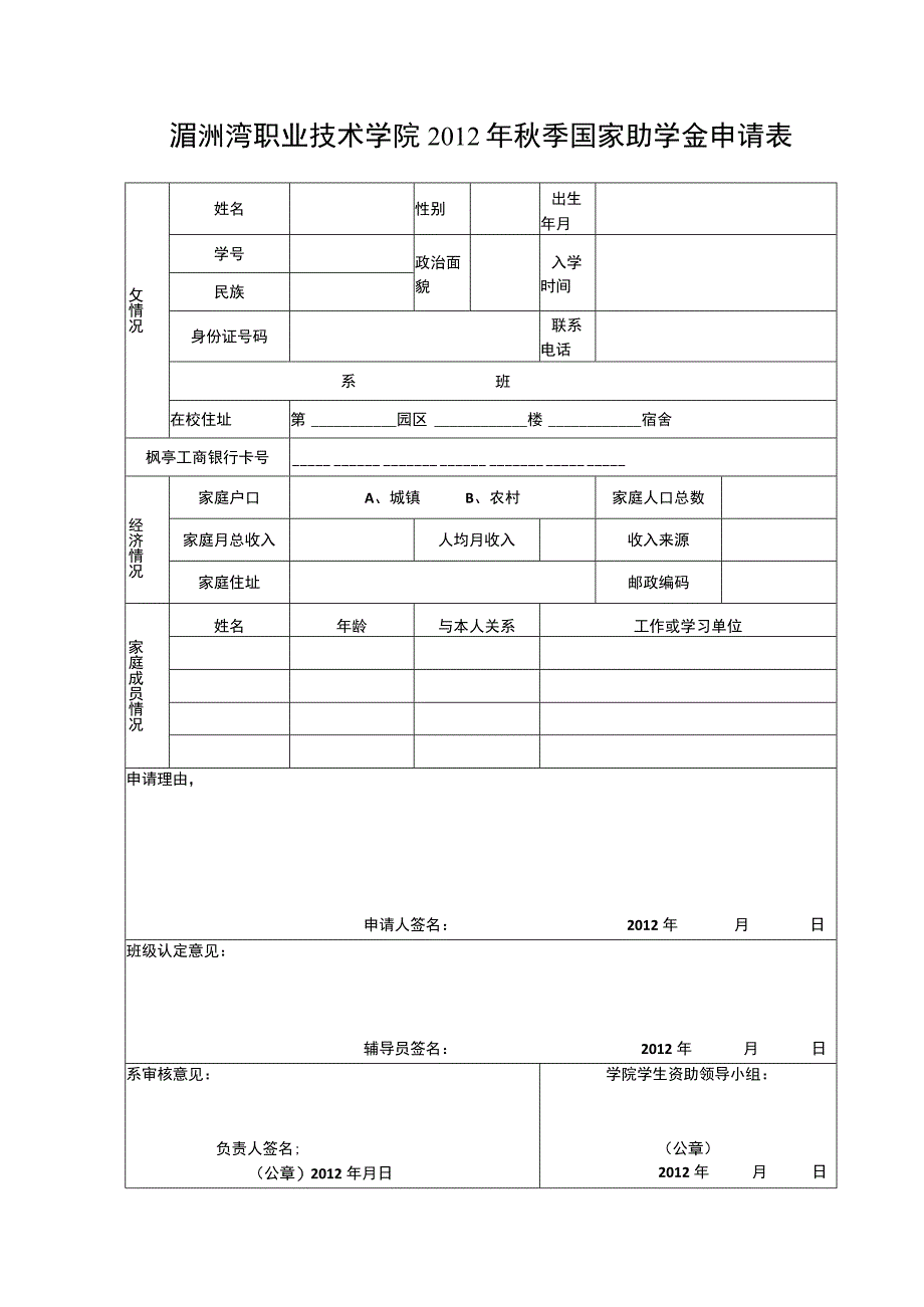 湄洲湾职业技术学院2012年秋季国家助学金申请表.docx_第1页