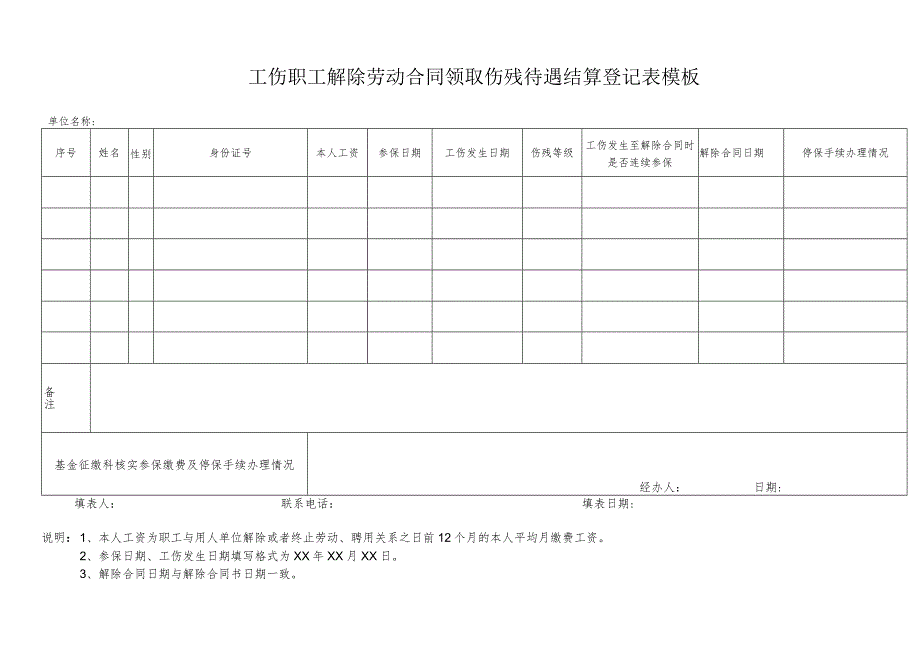 工伤职工解除劳动合同领取伤残待遇结算登记表模板.docx_第1页