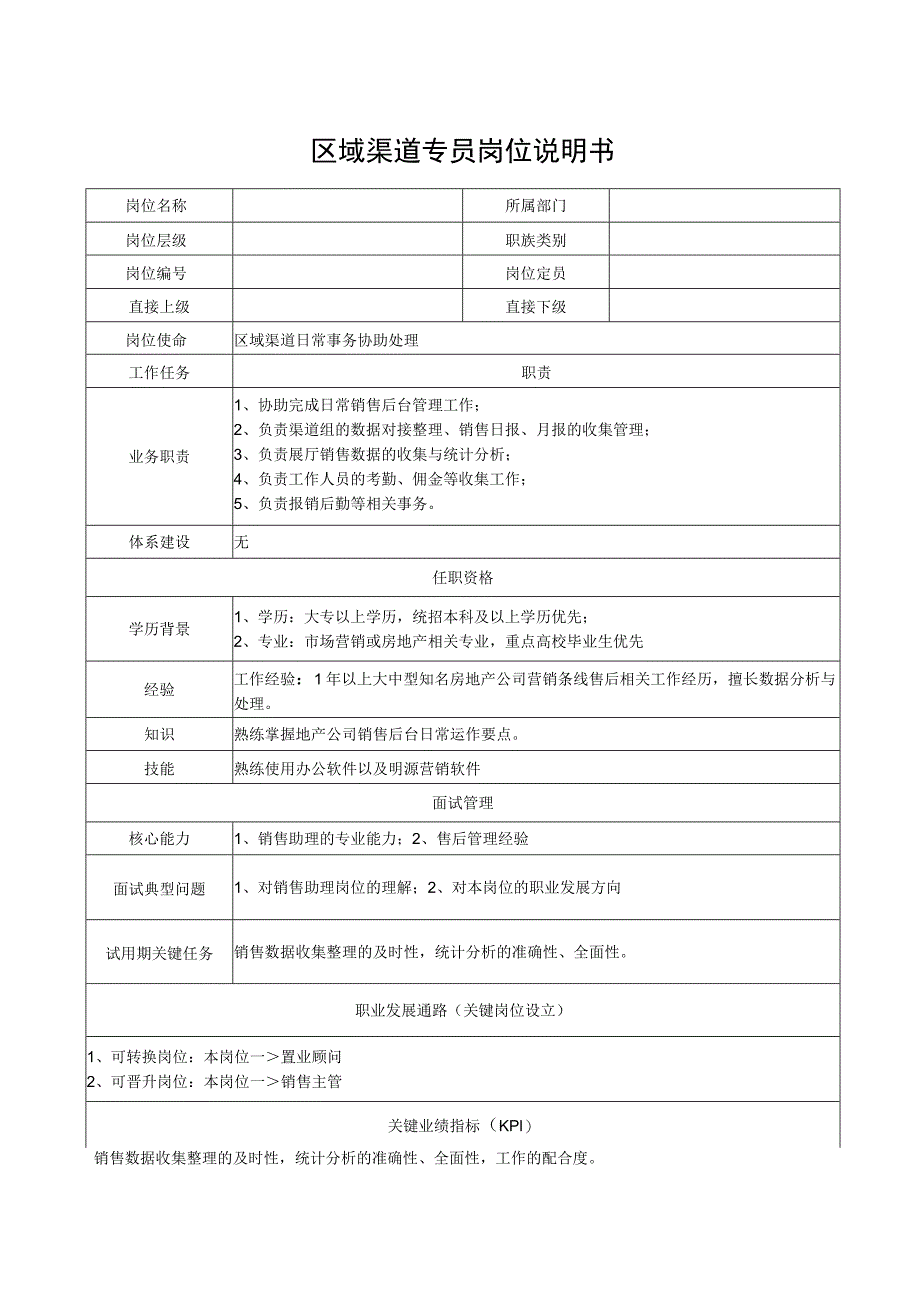 区域渠道专员岗位说明书.docx_第1页