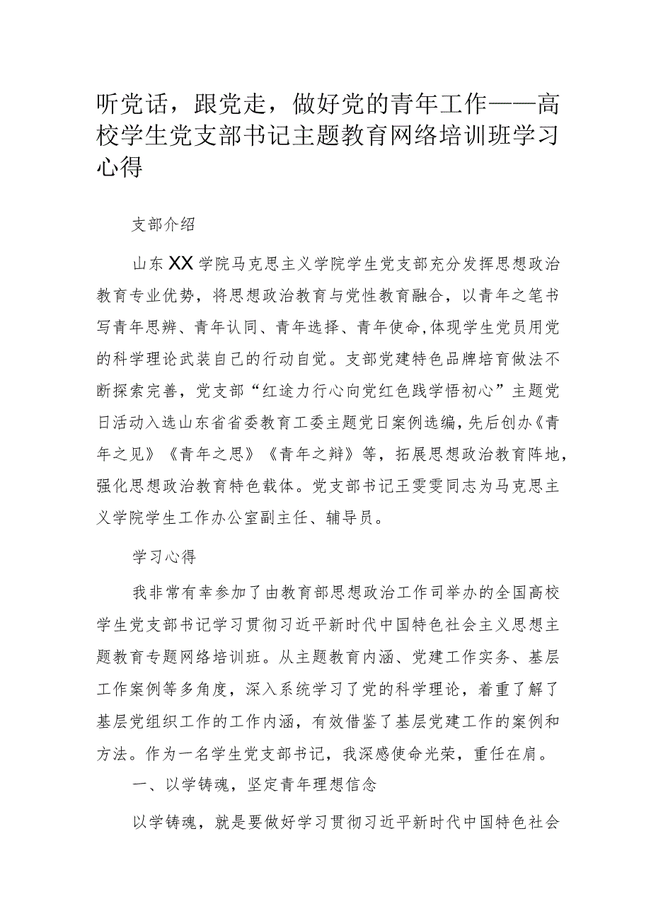 听党话跟党走做好党的青年工作——高校学生党支部书记主题教育网络培训班学习心得.docx_第1页