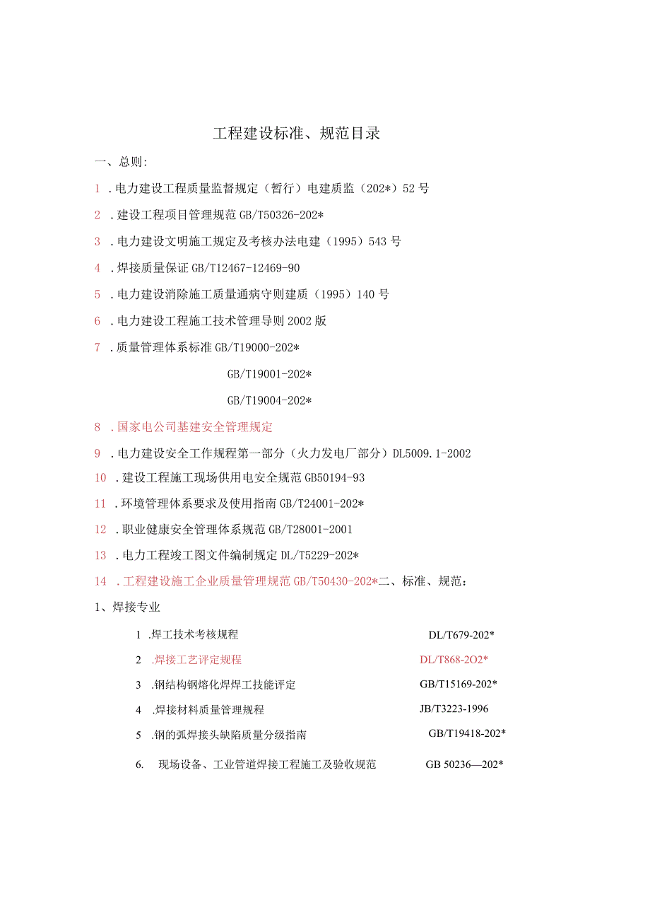 施工项目部工程建设标准、规范目录.docx_第1页