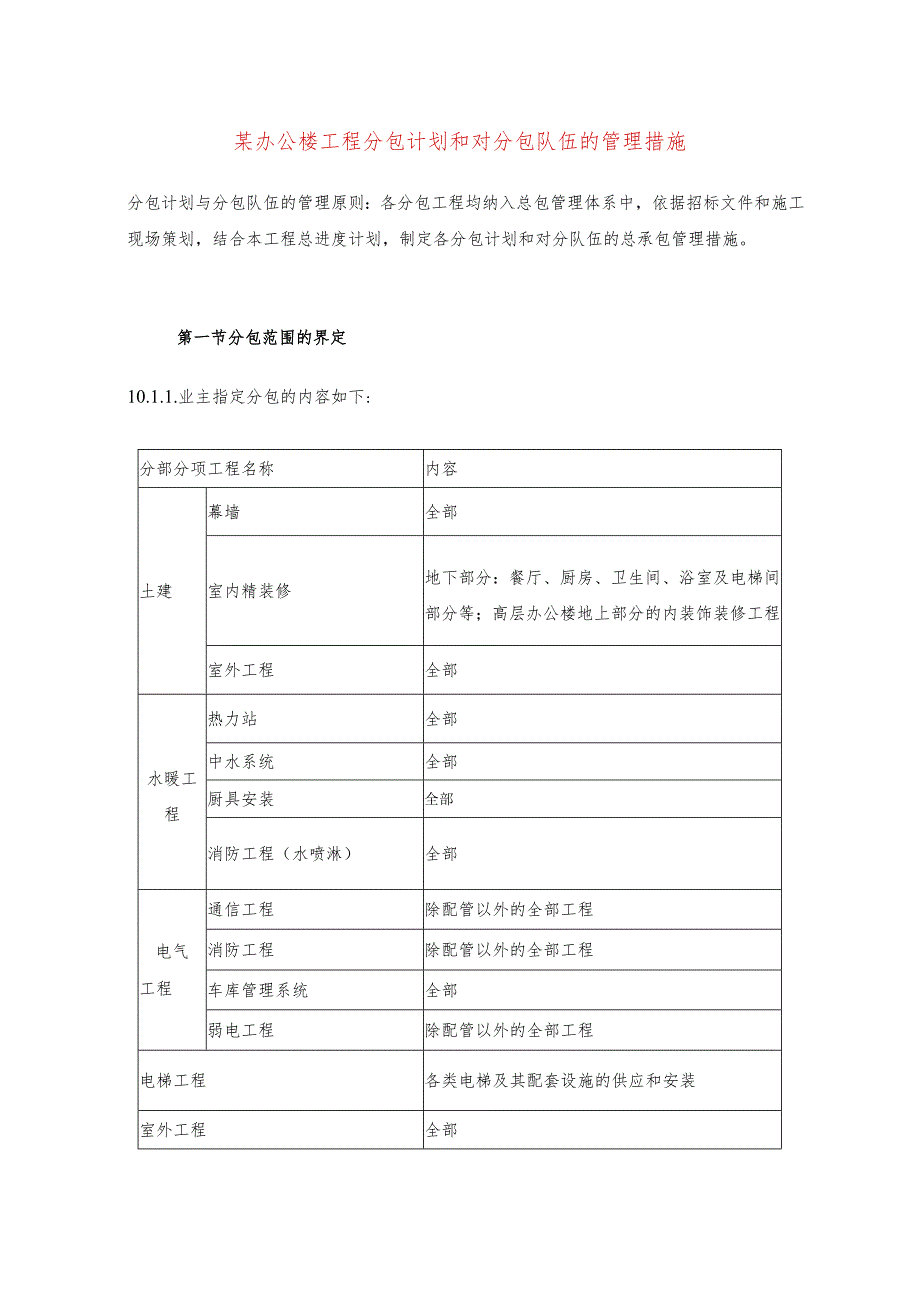 某办公楼工程分包计划和对分包队伍的管理措施.docx_第1页