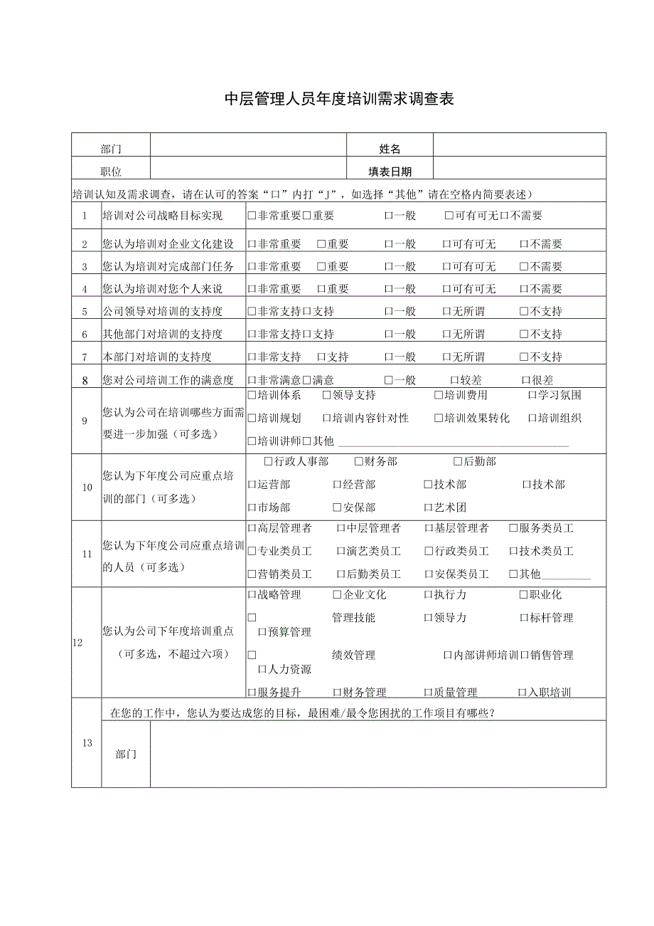 中层管理人员年度培训需求调查表.docx_第1页