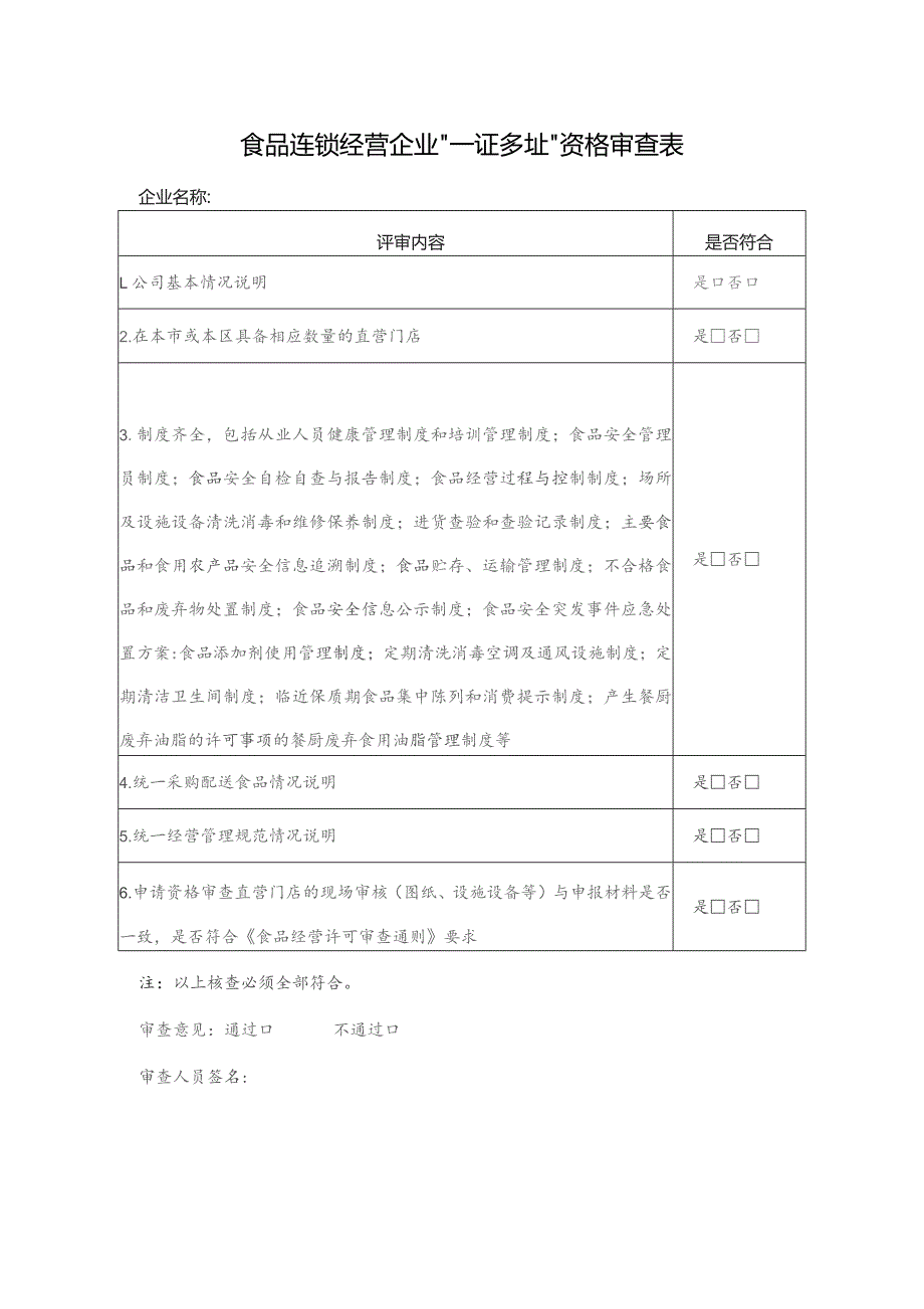 食品连锁经营企业“一证多址”资格审查表.docx_第1页