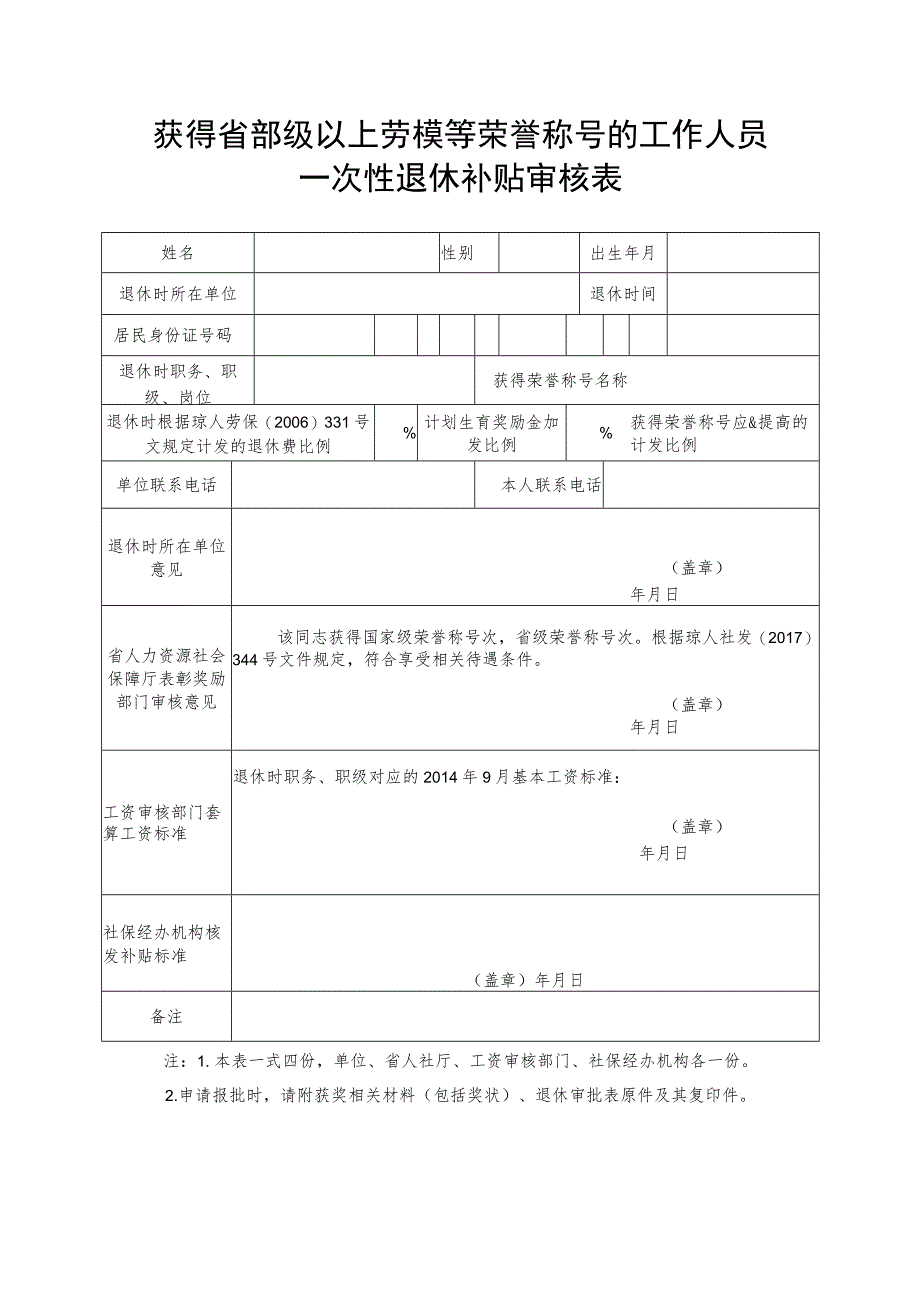 获得省部级以上劳模等荣誉称号的工作人员一次性退休补贴审核表.docx_第1页