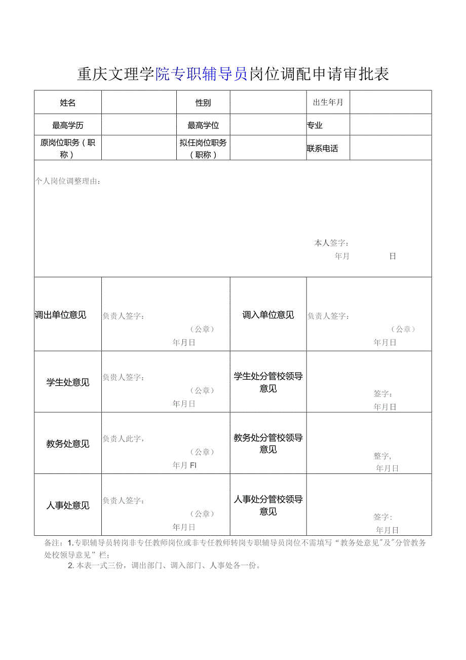 重庆文理学院专职辅导员岗位调配申请审批表.docx_第1页