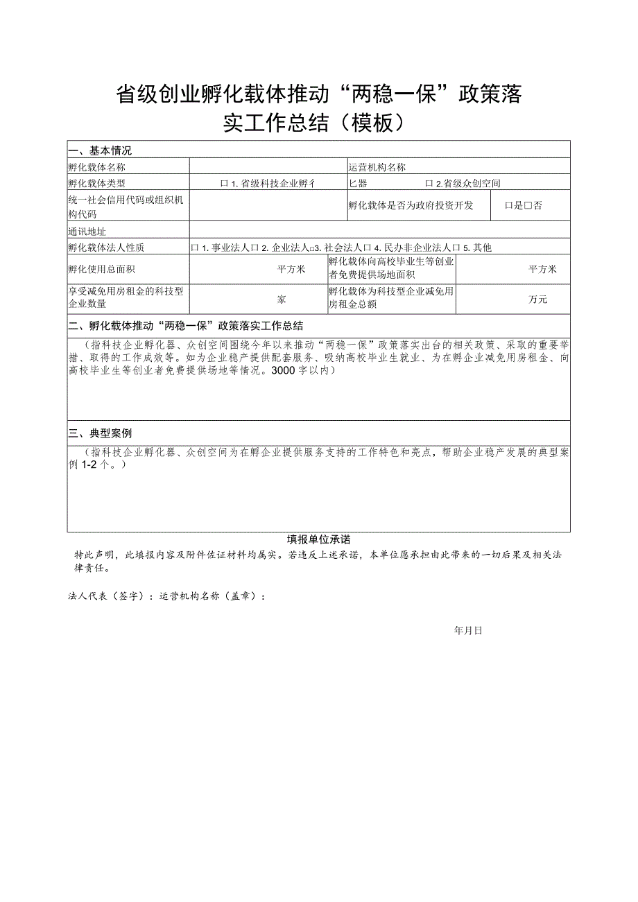 省级创业孵化载体推动“两稳一保”政策落实工作总结（模板）.docx_第1页