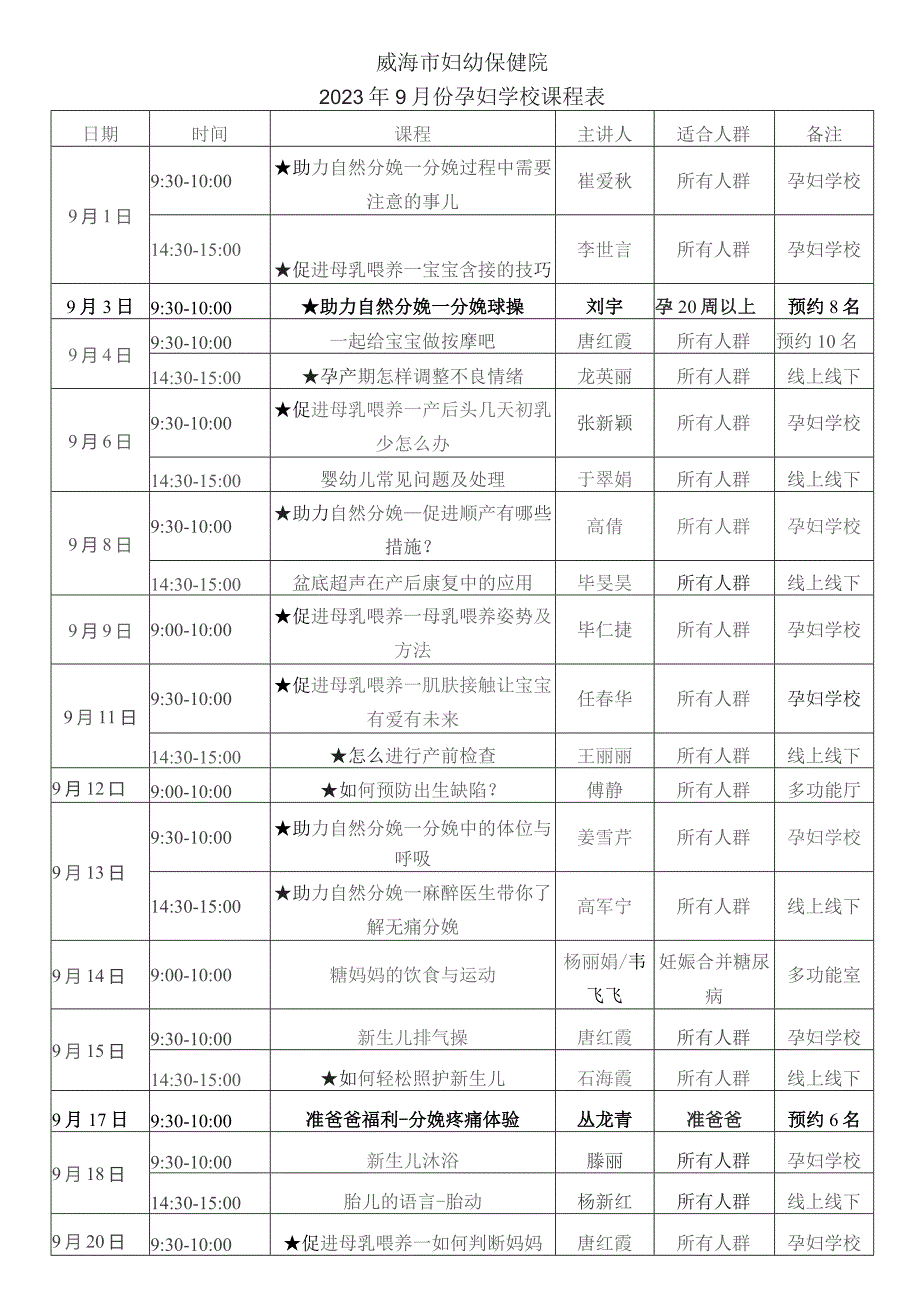 威海市妇幼保健院2023年9月份孕妇学校课程表.docx_第1页