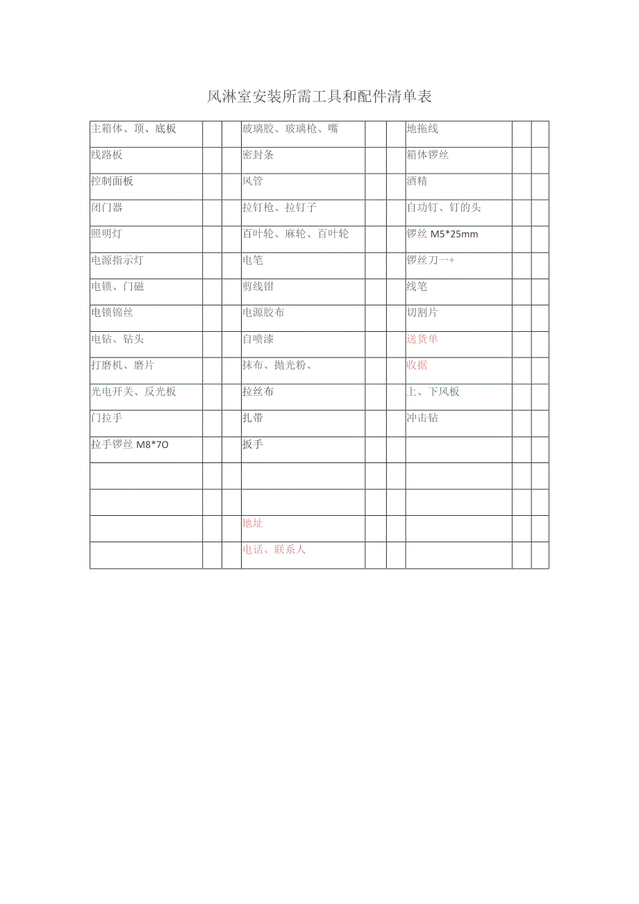 风淋室安装所需工具和配件清单表.docx_第1页