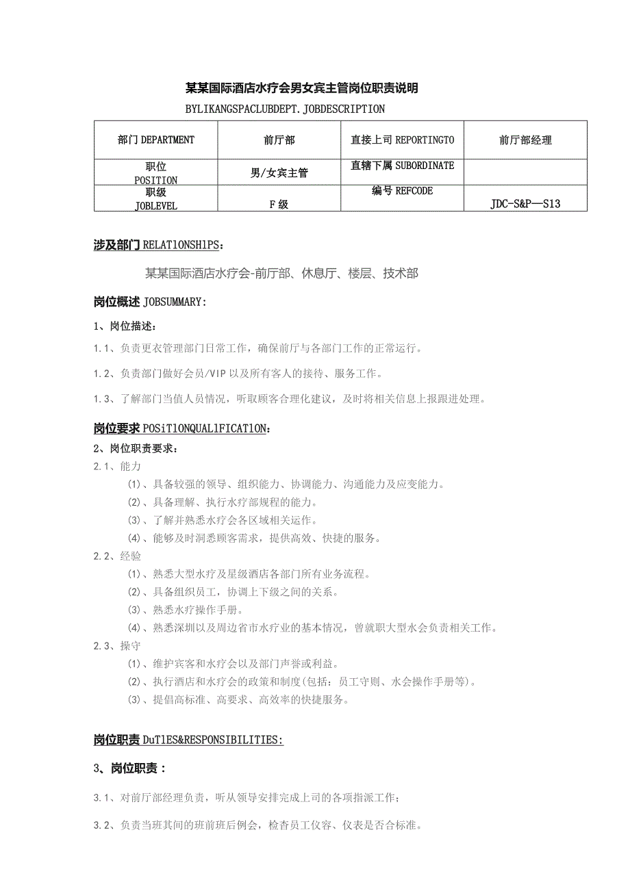 某某国际酒店水疗会男女宾主管岗位职责说明.docx_第1页