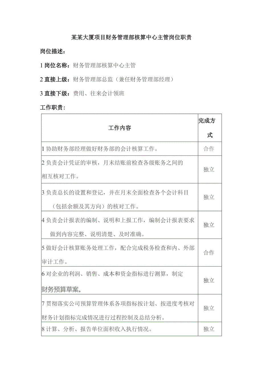 某某大厦项目财务管理部核算中心主管岗位职责.docx_第1页