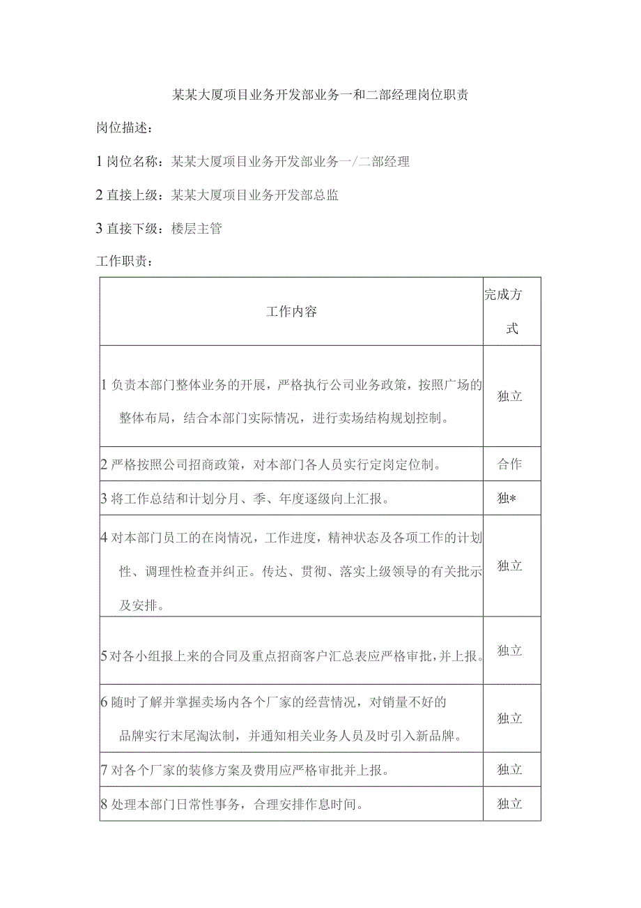 某某大厦项目业务开发部业务一和二部经理岗位职责.docx_第1页