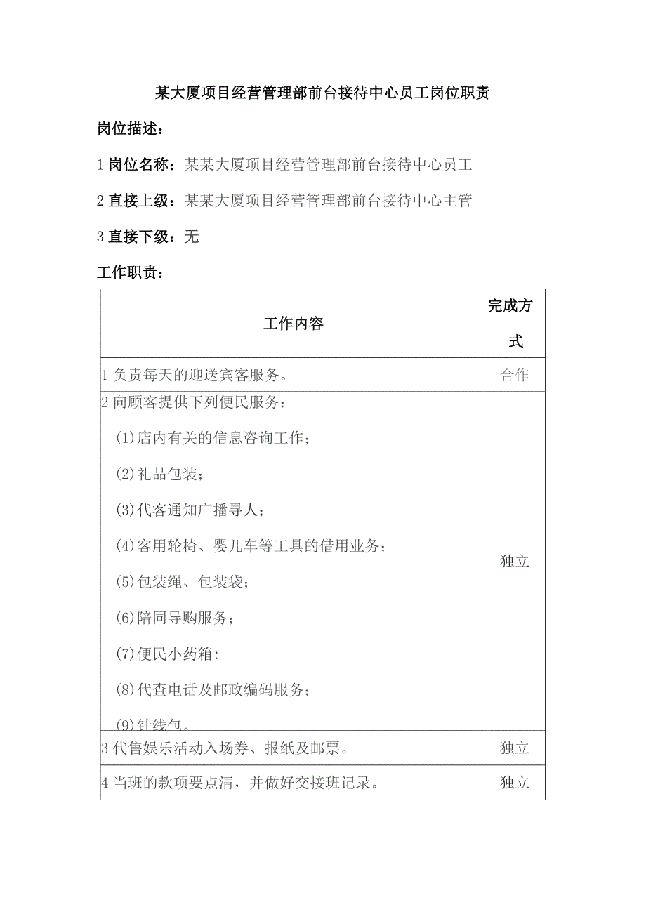 某大厦项目经营管理部前台接待中心员工岗位职责.docx_第1页