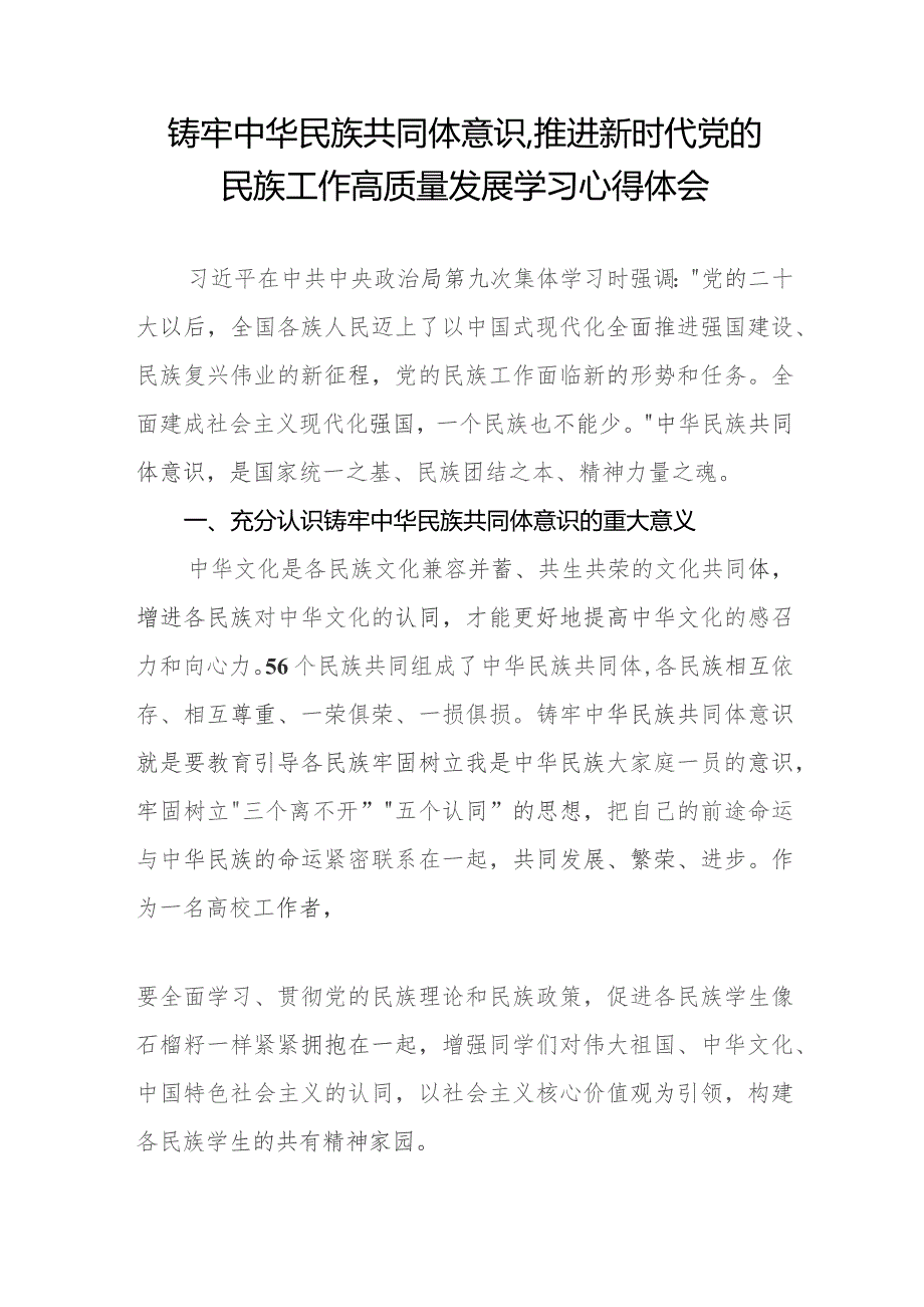 三篇《铸牢中华民族共同体意识,推进新时代党的民族工作高质量发展》学习心得体会.docx_第3页