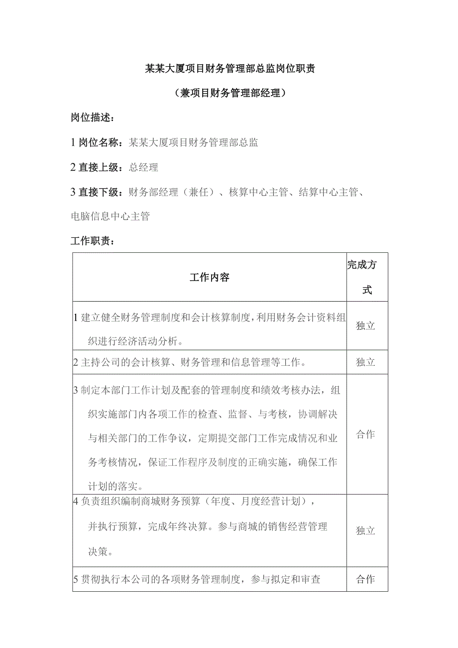 某某大厦项目财务管理部总监岗位职责.docx_第1页