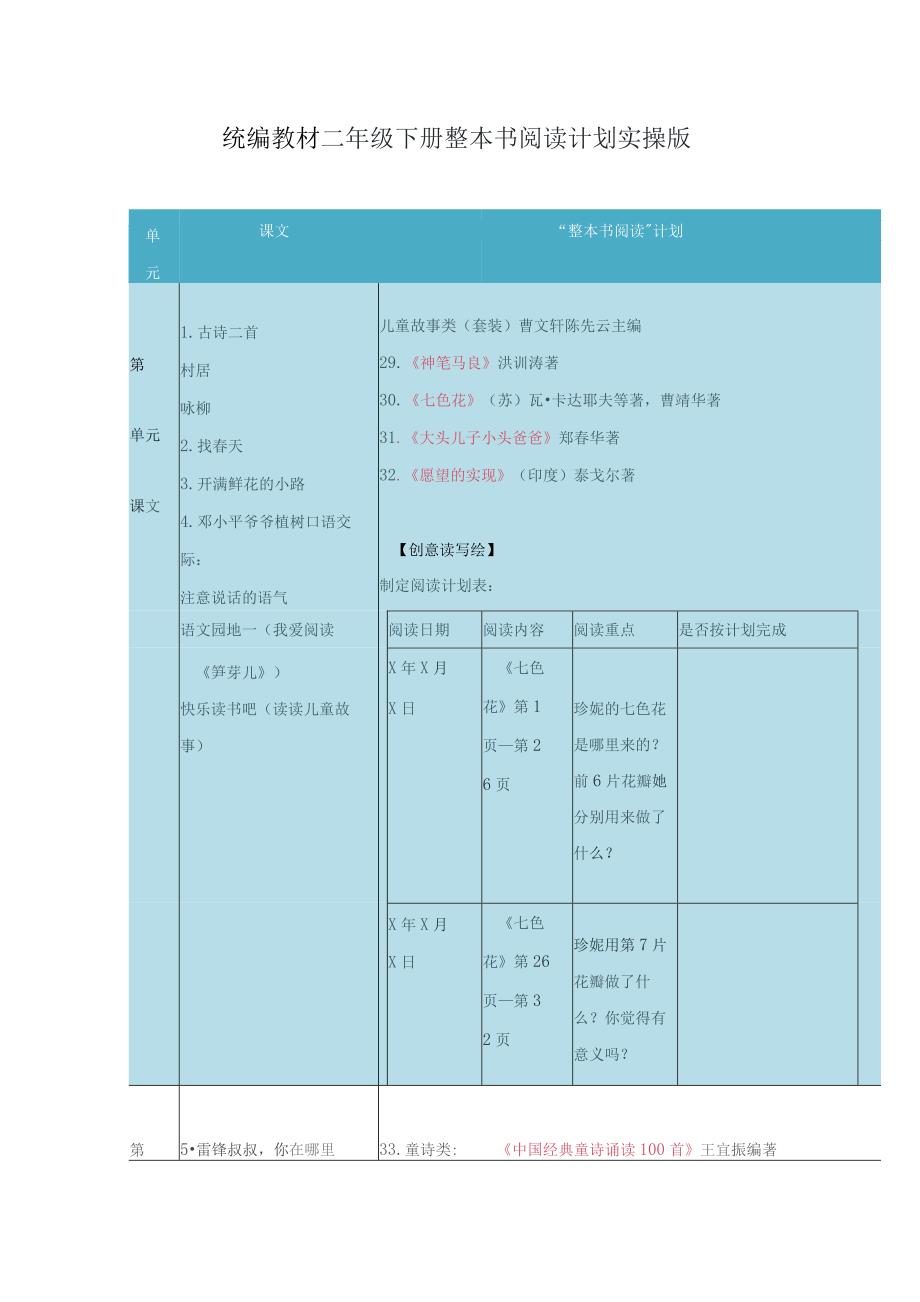 统编教材二年级下册整本书阅读计划实操版.docx_第1页