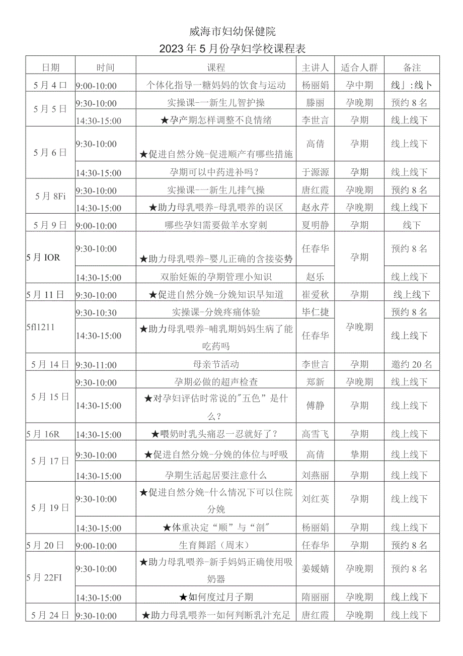 威海市妇幼保健院2023年5月份孕妇学校课程表.docx_第1页