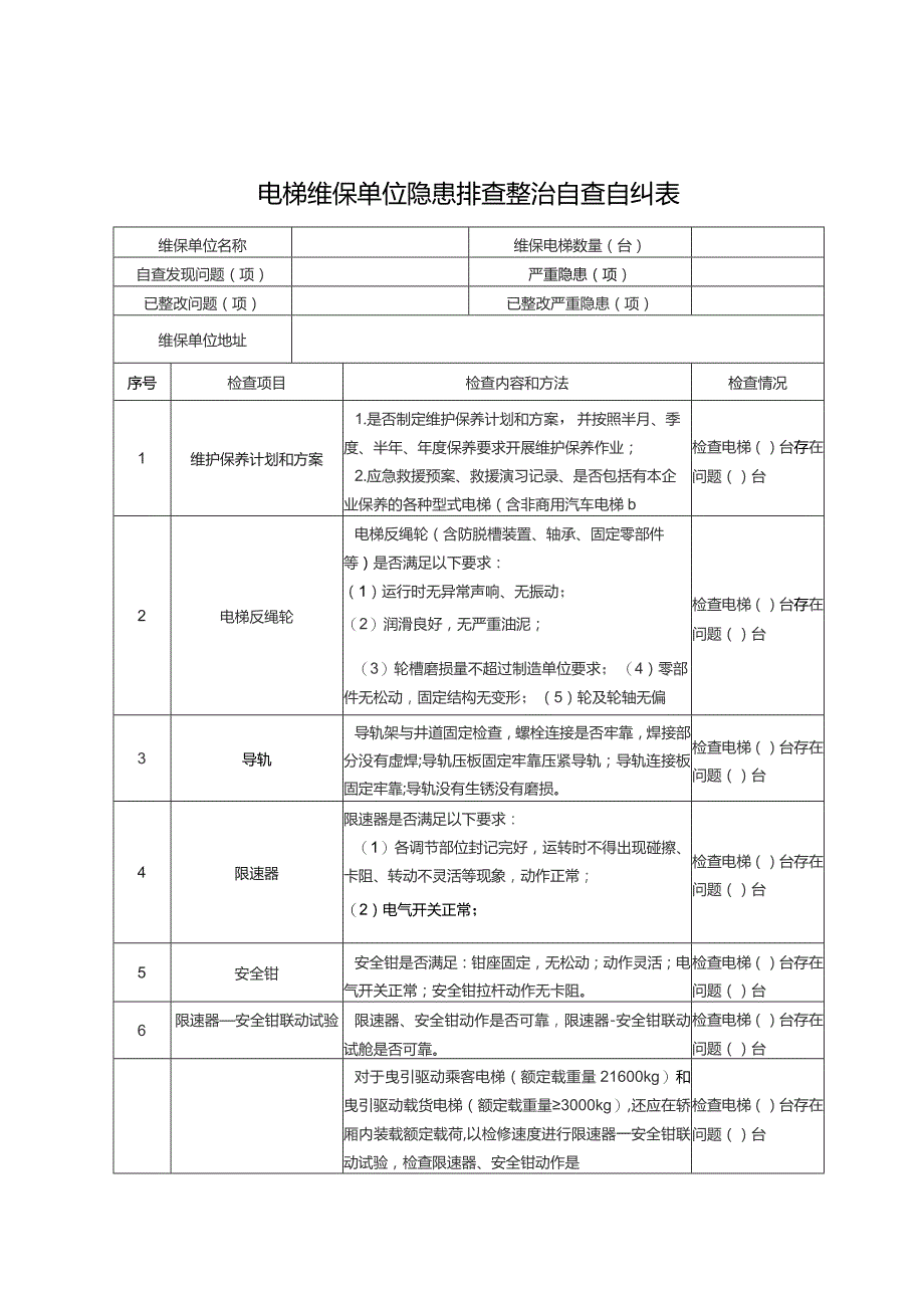 电梯维保单位隐患排查整治自查自纠表.docx_第1页