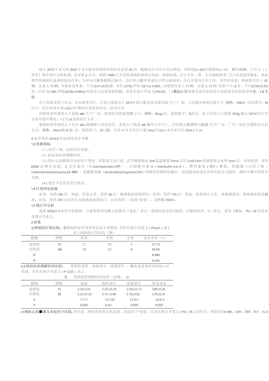 馥感啉口服液联合重组人干扰素a1b治疗疱疹性咽峡炎的疗效及对心肌酶谱、炎症因子的影响.docx_第2页