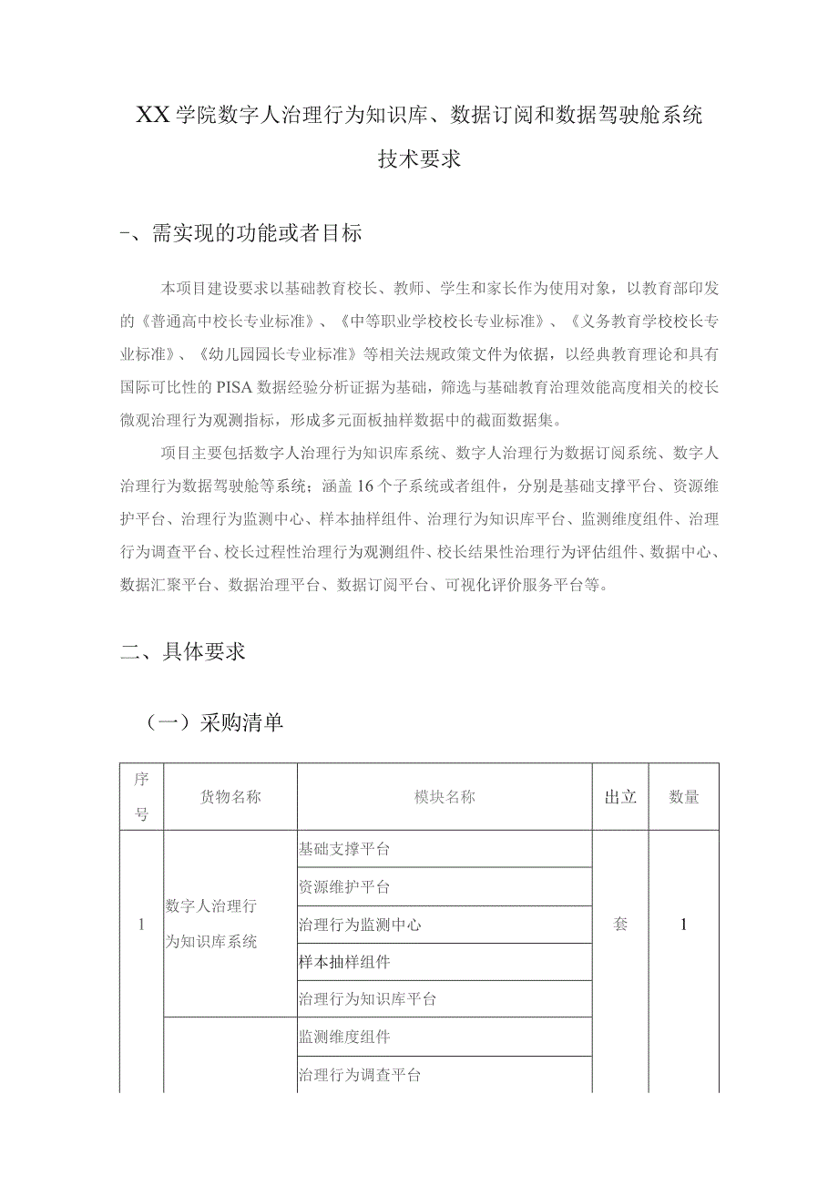 XX学院数字人治理行为知识库、数据订阅和数据驾驶舱系统技术要求.docx_第1页