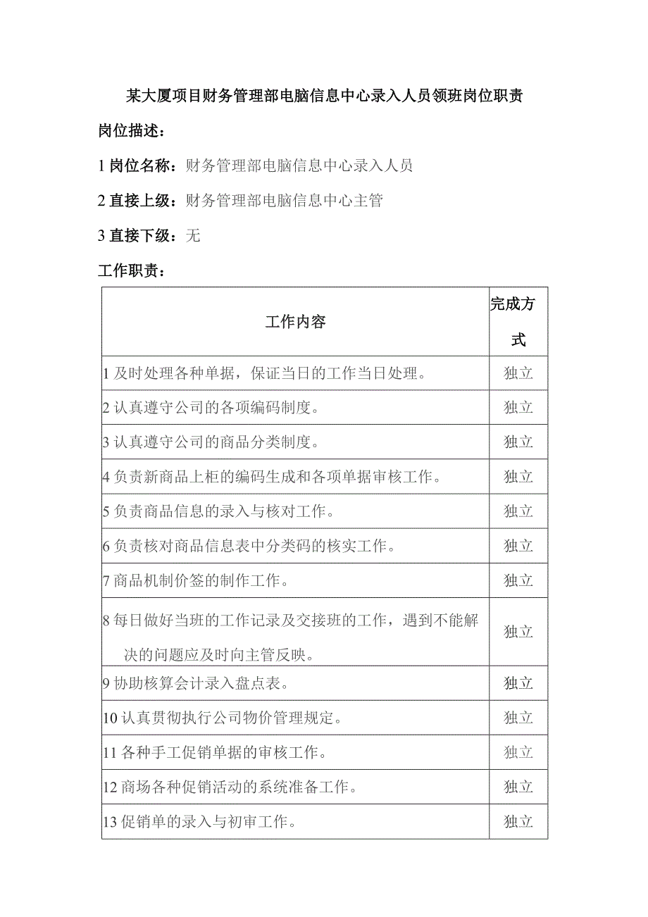 某大厦项目财务管理部电脑信息中心录入人员领班岗位职责.docx_第1页