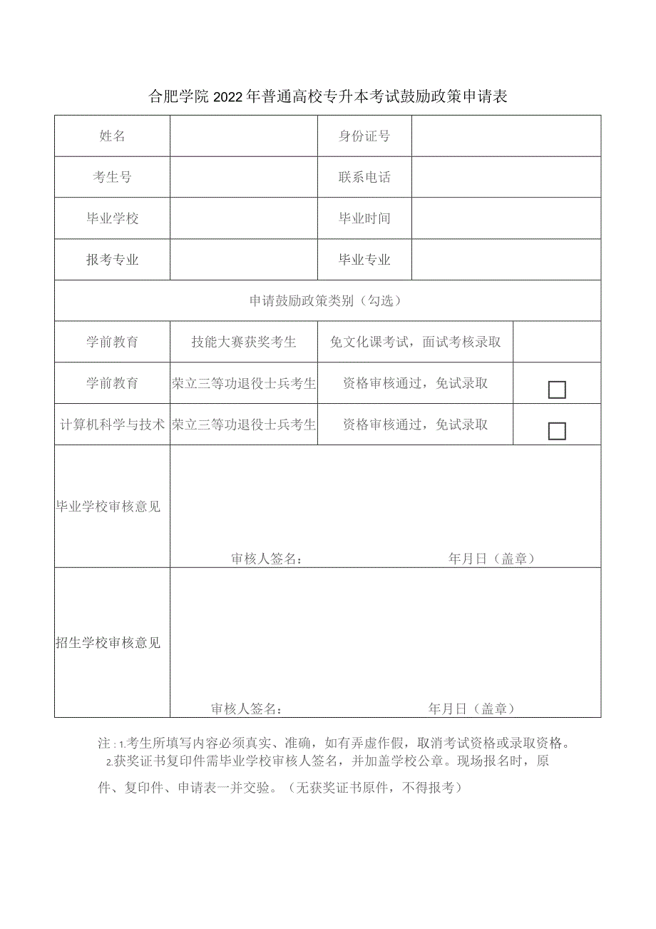 合肥学院2022年普通高校专升本考试鼓励政策申请表.docx_第1页