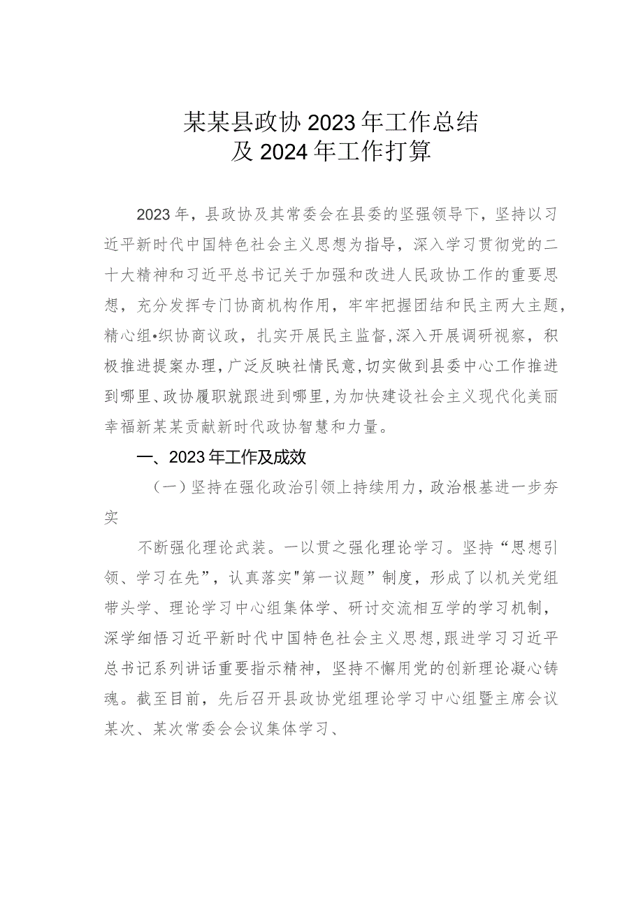 某某县政协2023年工作总结及2024年工作打算.docx_第1页