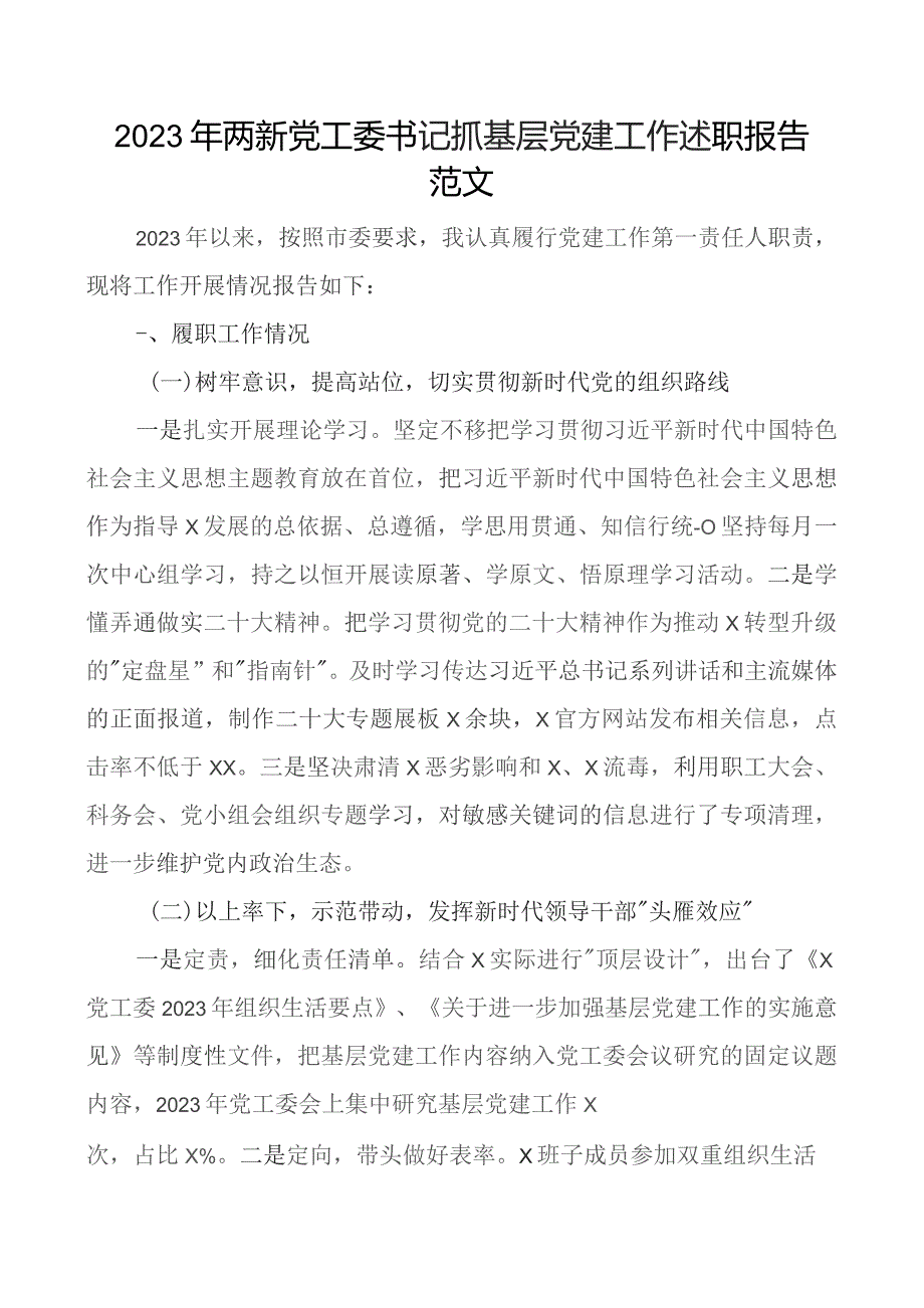 2023年两新x工委书记抓基层x建工作述职报告团队汇报总结.docx_第1页