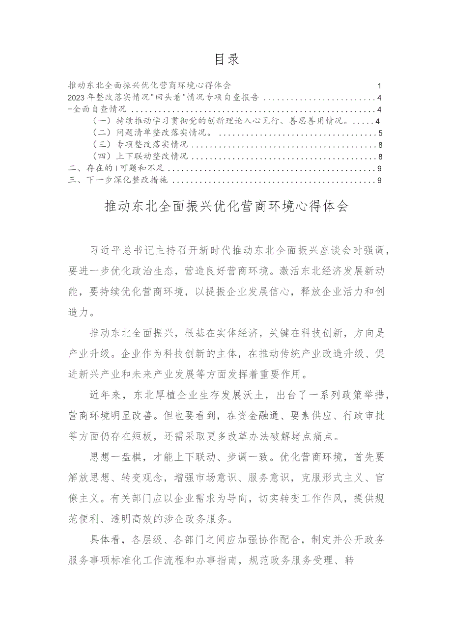 推动东北全面振兴优化营商环境心得体会、2023年整改落实情况“回头看”情况专项自查报告（2篇）.docx_第1页