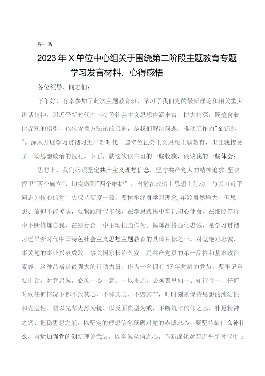 2023年在学习贯彻第二阶段专题教育研讨发言材料及心得体会8篇.docx_第1页