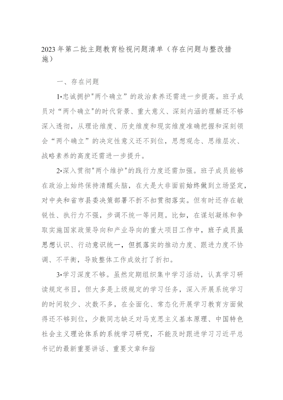 2023年第二批主题教育检视问题清单（存在问题与整改措施）.docx_第1页