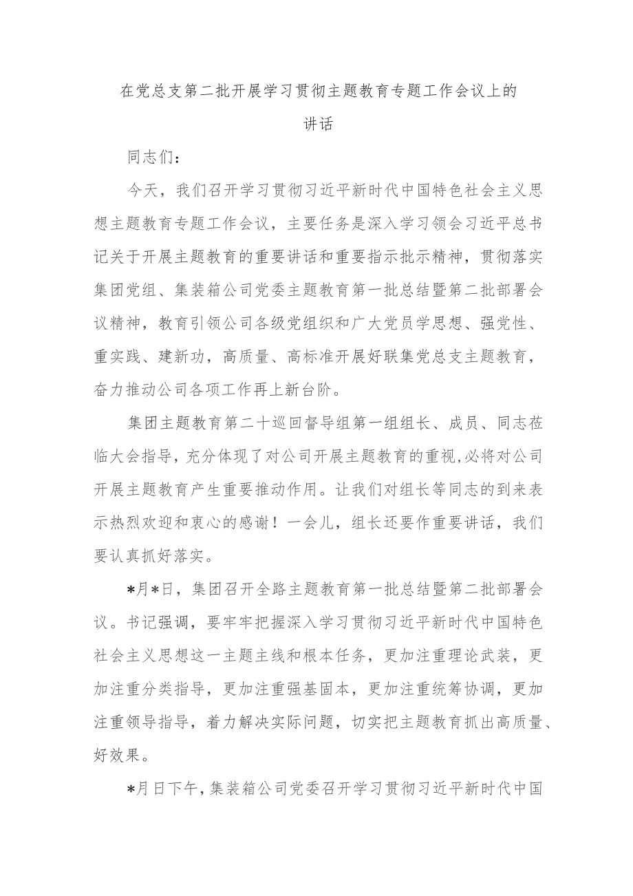 在党总支第二批开展学习贯彻主题教育专题工作会议上的讲话.docx_第1页