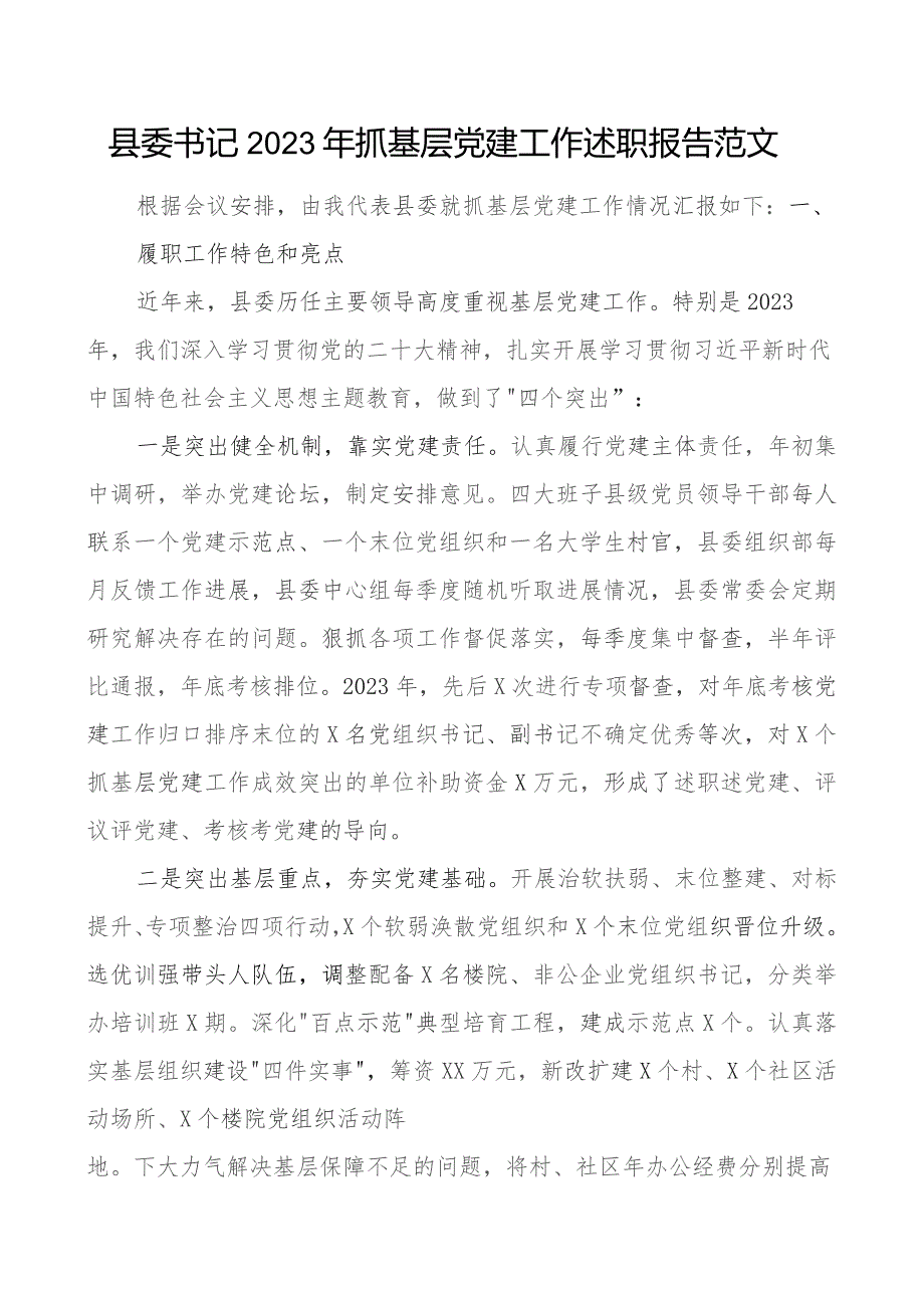 2023年抓基层x建工作述职报告团队建设总结汇报委.docx_第1页